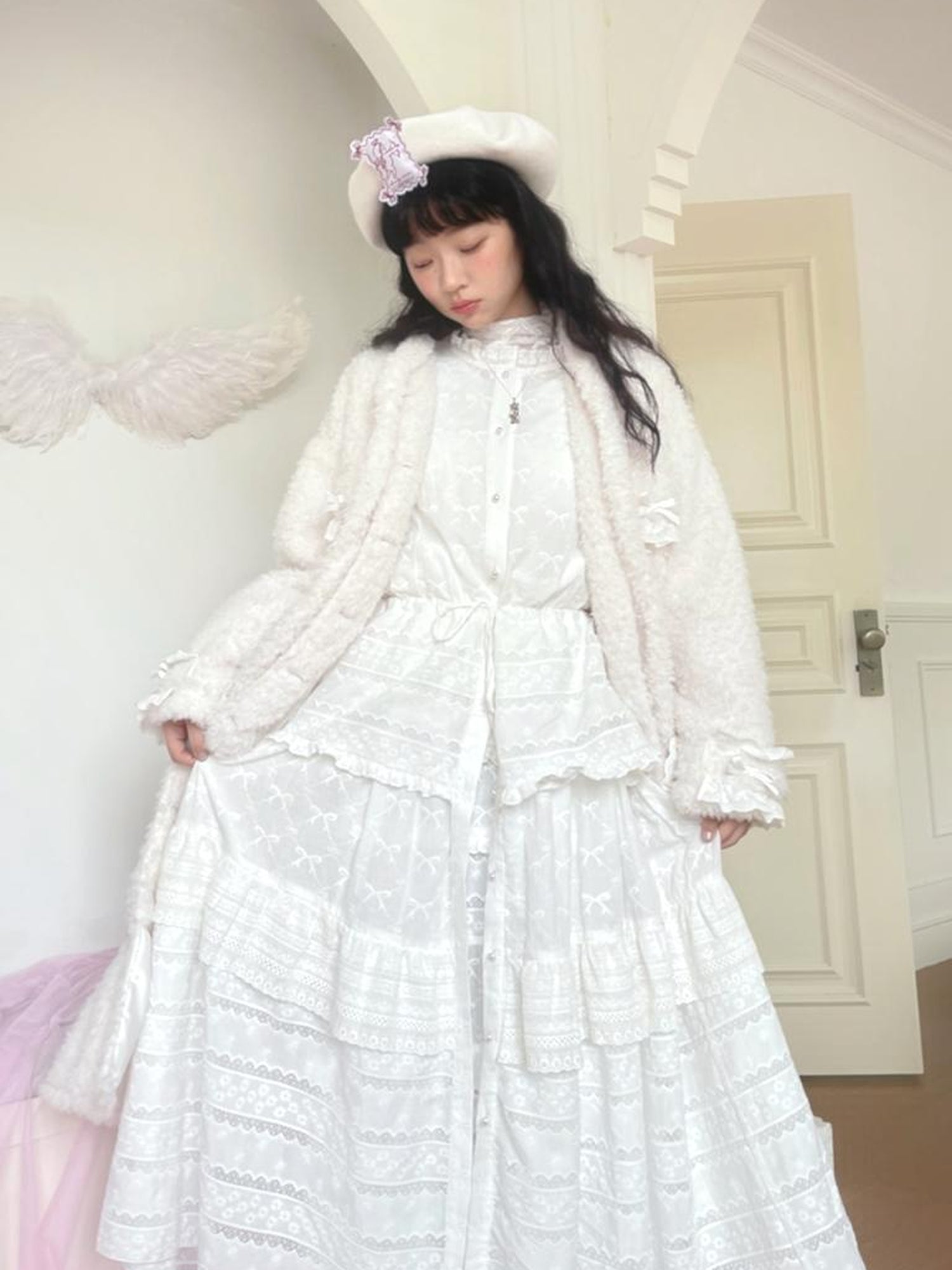 Daytoday Butterfly Embroidery Ruffle Hem Cotton Dress Cardigan