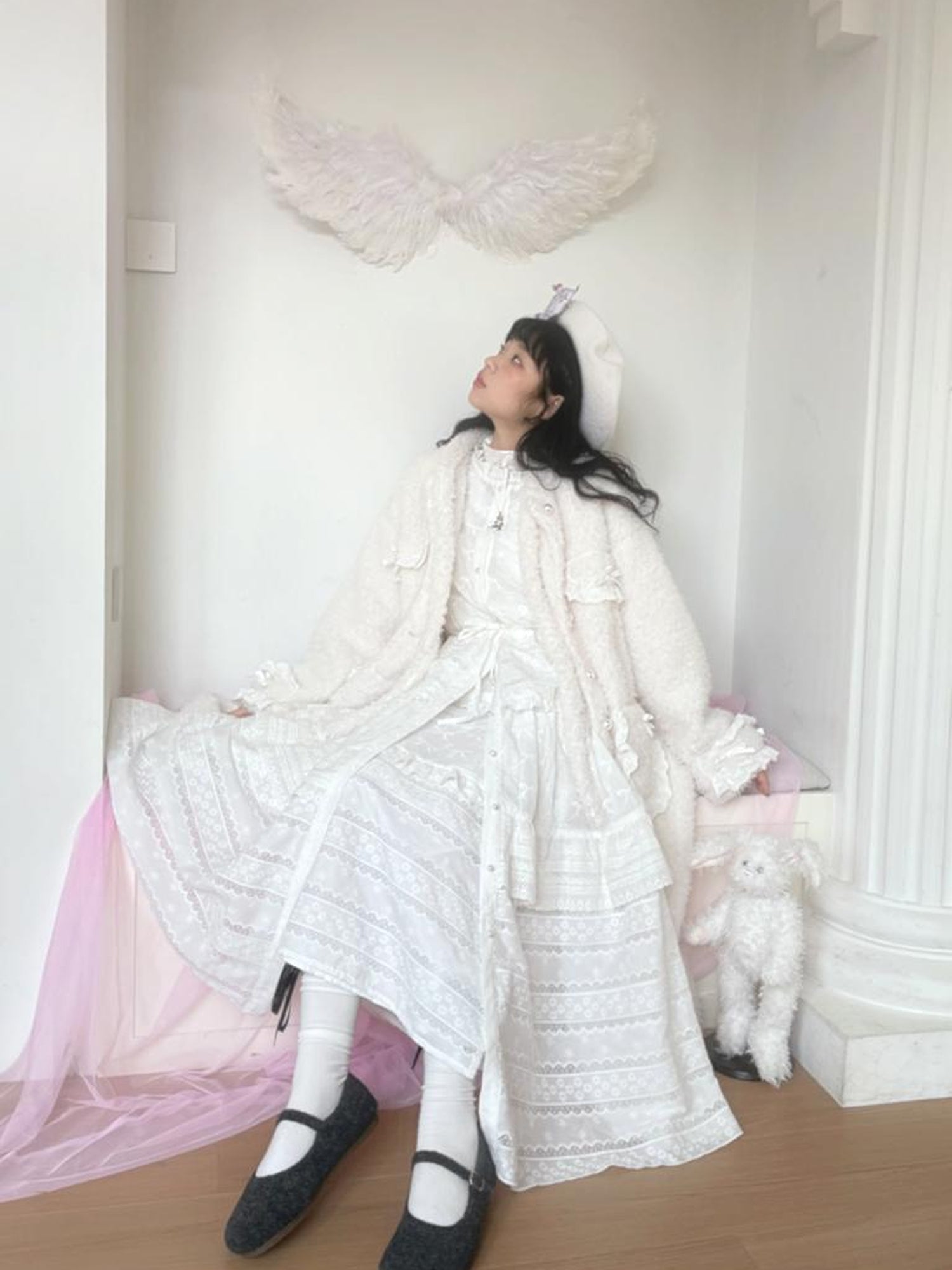 Daytoday Butterfly Embroidery Ruffle Hem Cotton Dress Cardigan