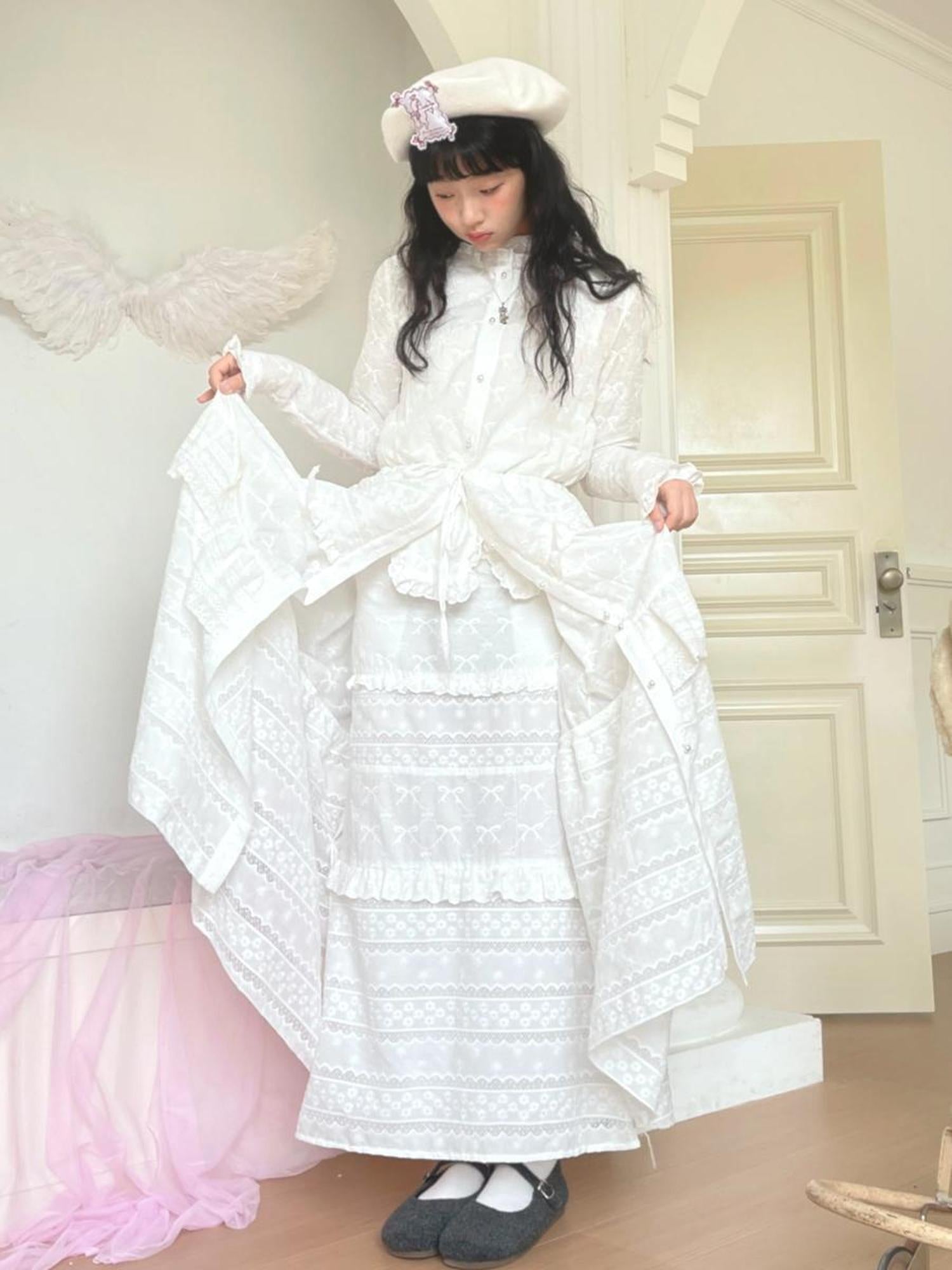 Daytoday Butterfly Embroidery Ruffle Hem Cotton Dress Cardigan