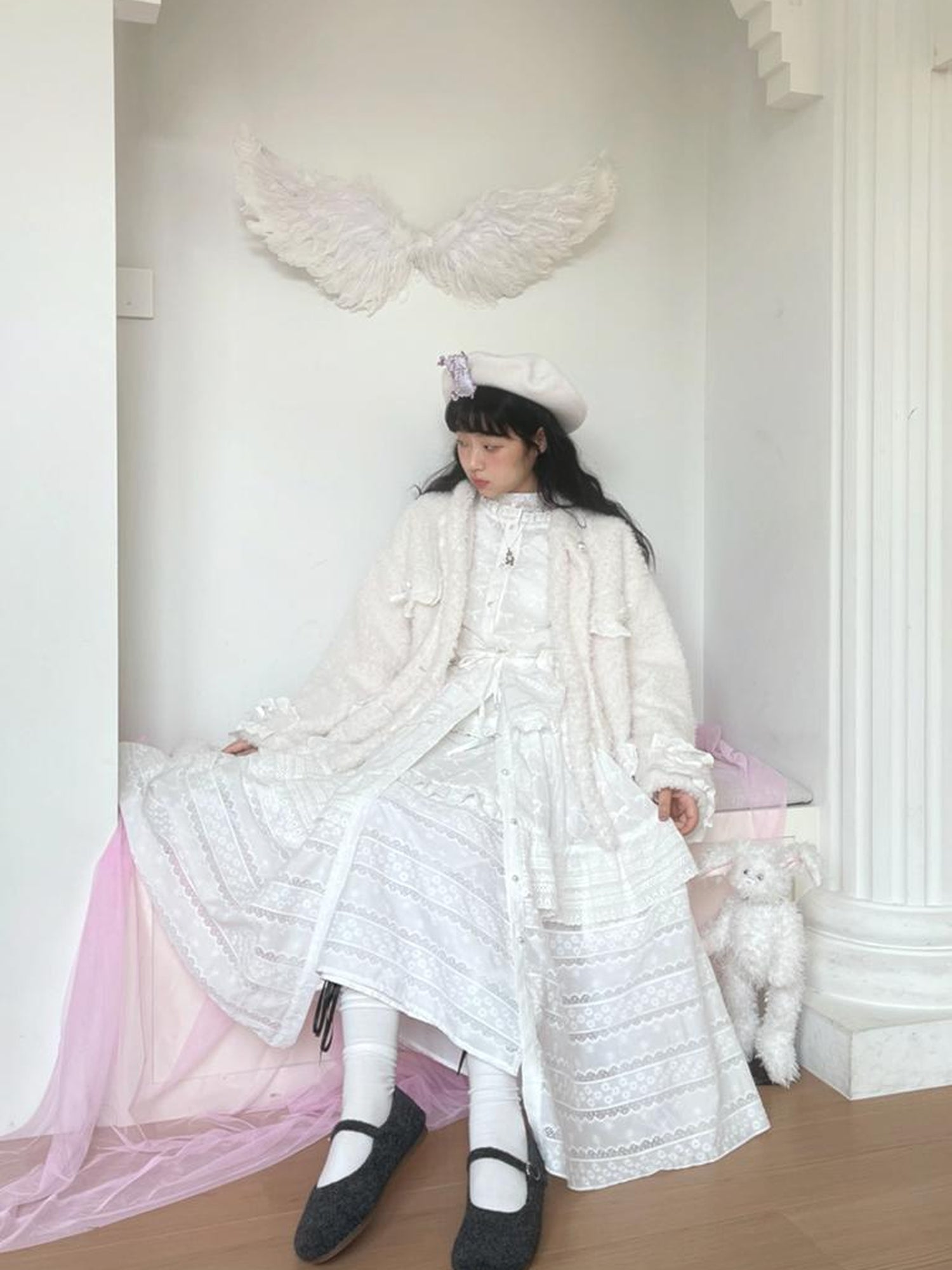 Daytoday Butterfly Embroidery Ruffle Hem Cotton Dress Cardigan