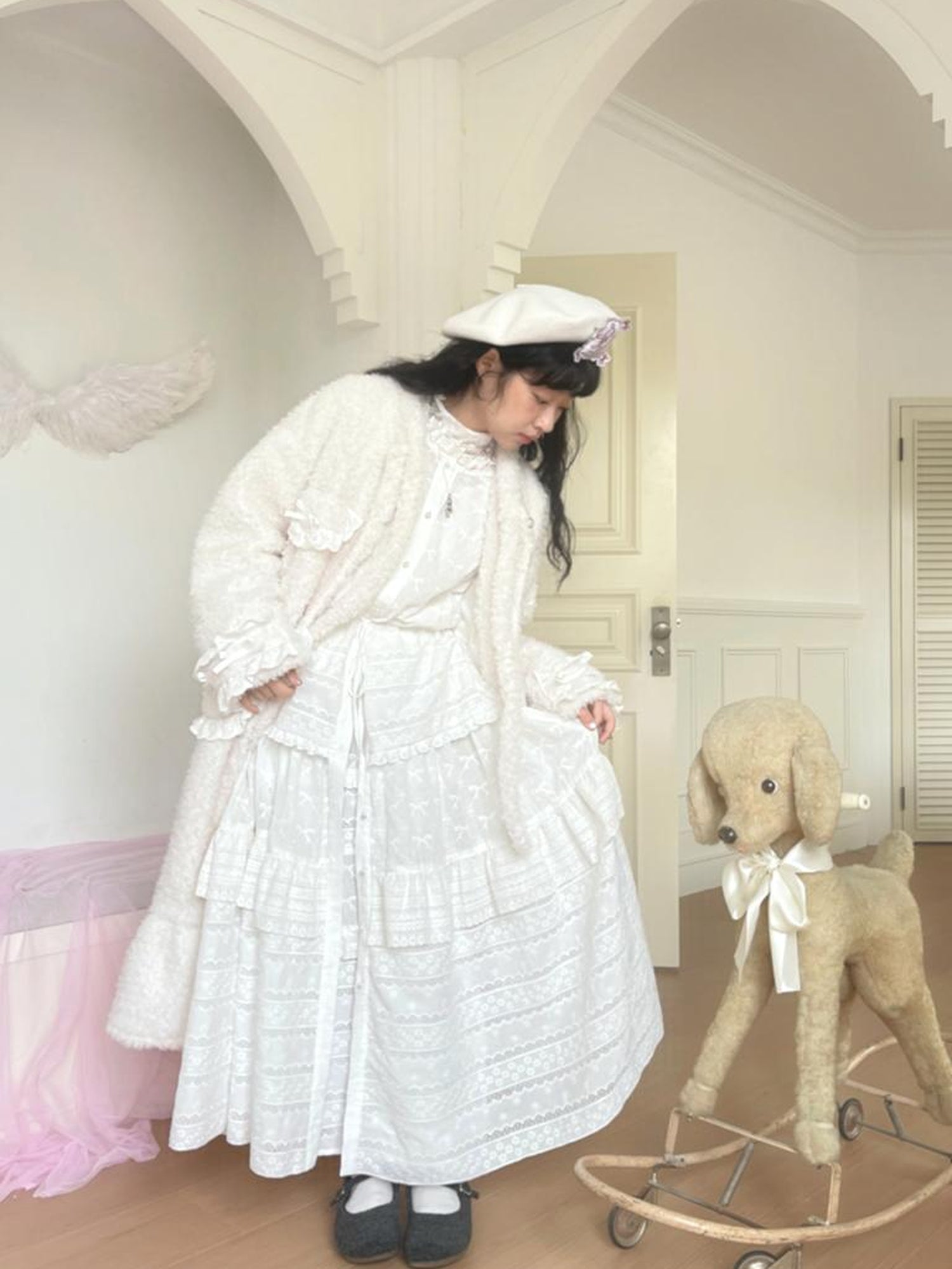 Daytoday Butterfly Embroidery Ruffle Hem Cotton Dress Cardigan