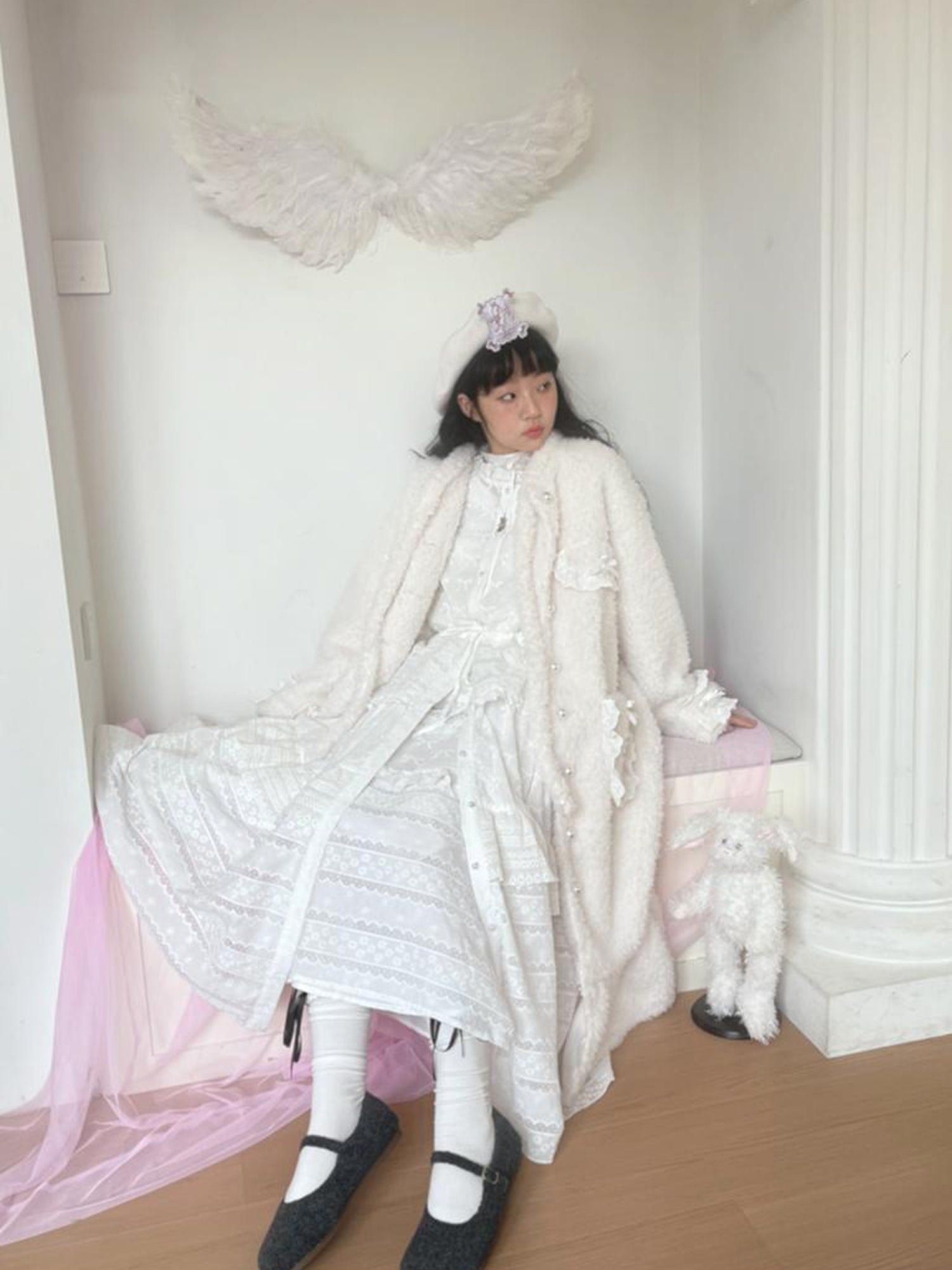 Daytoday Butterfly Embroidery Ruffle Hem Cotton Dress Cardigan