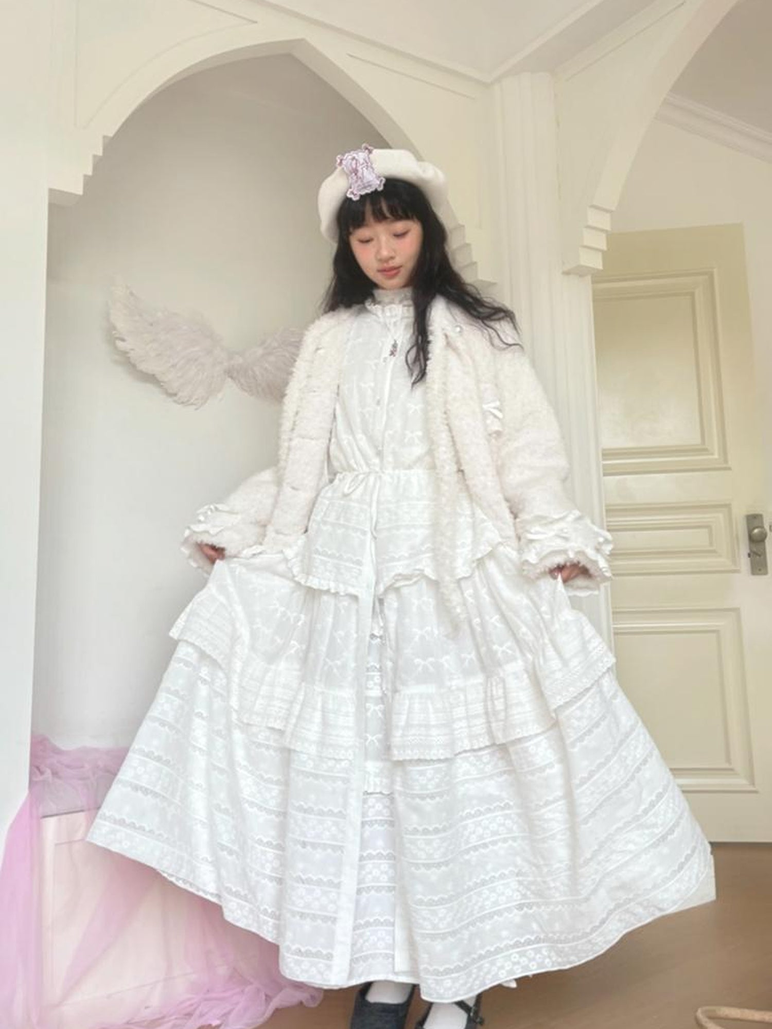 Daytoday Butterfly Embroidery Ruffle Hem Cotton Dress Cardigan