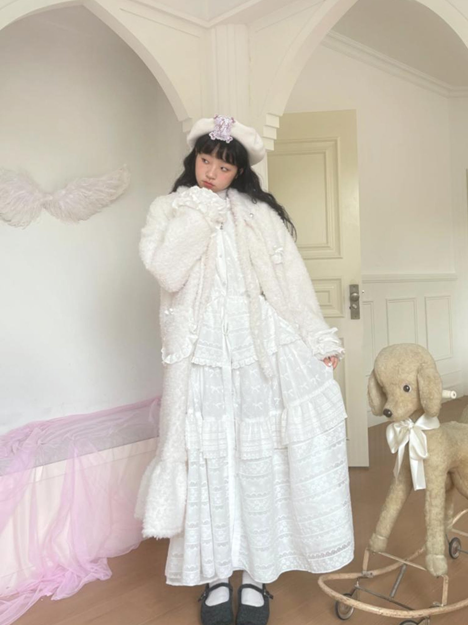 Daytoday Butterfly Embroidery Ruffle Hem Cotton Dress Cardigan