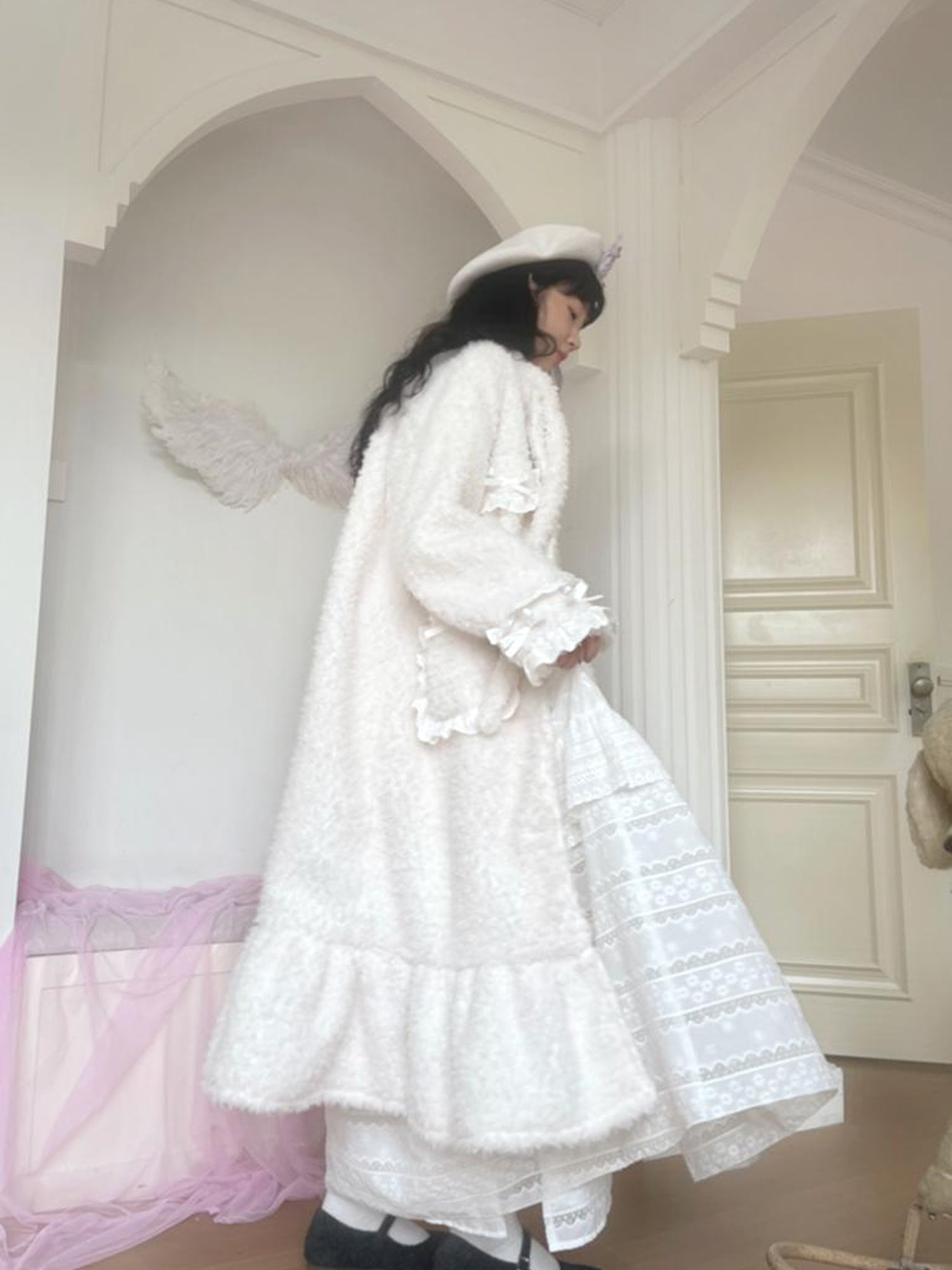 Daytoday Butterfly Embroidery Ruffle Hem Cotton Dress Cardigan