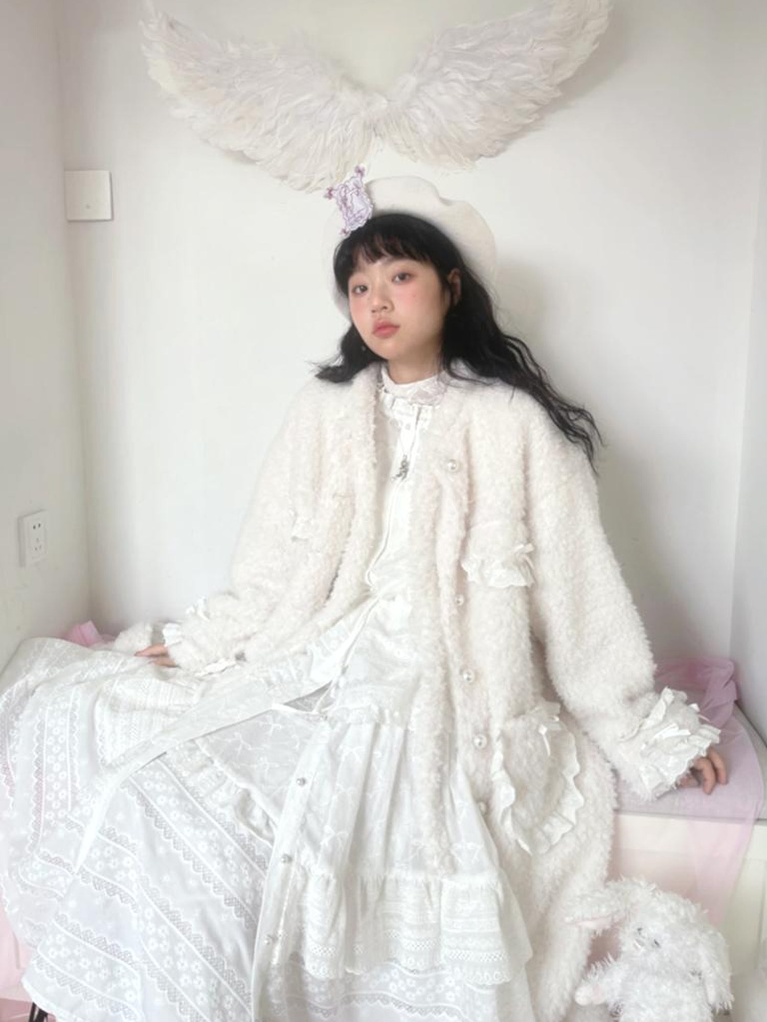 Daytoday Butterfly Embroidery Ruffle Hem Cotton Dress Cardigan