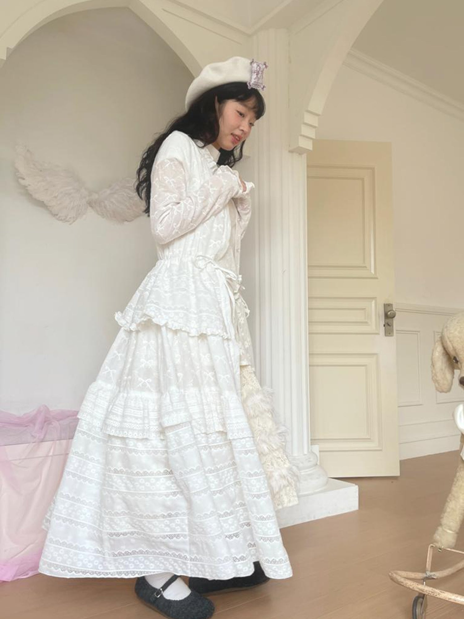 Daytoday Butterfly Embroidery Ruffle Hem Cotton Dress Cardigan