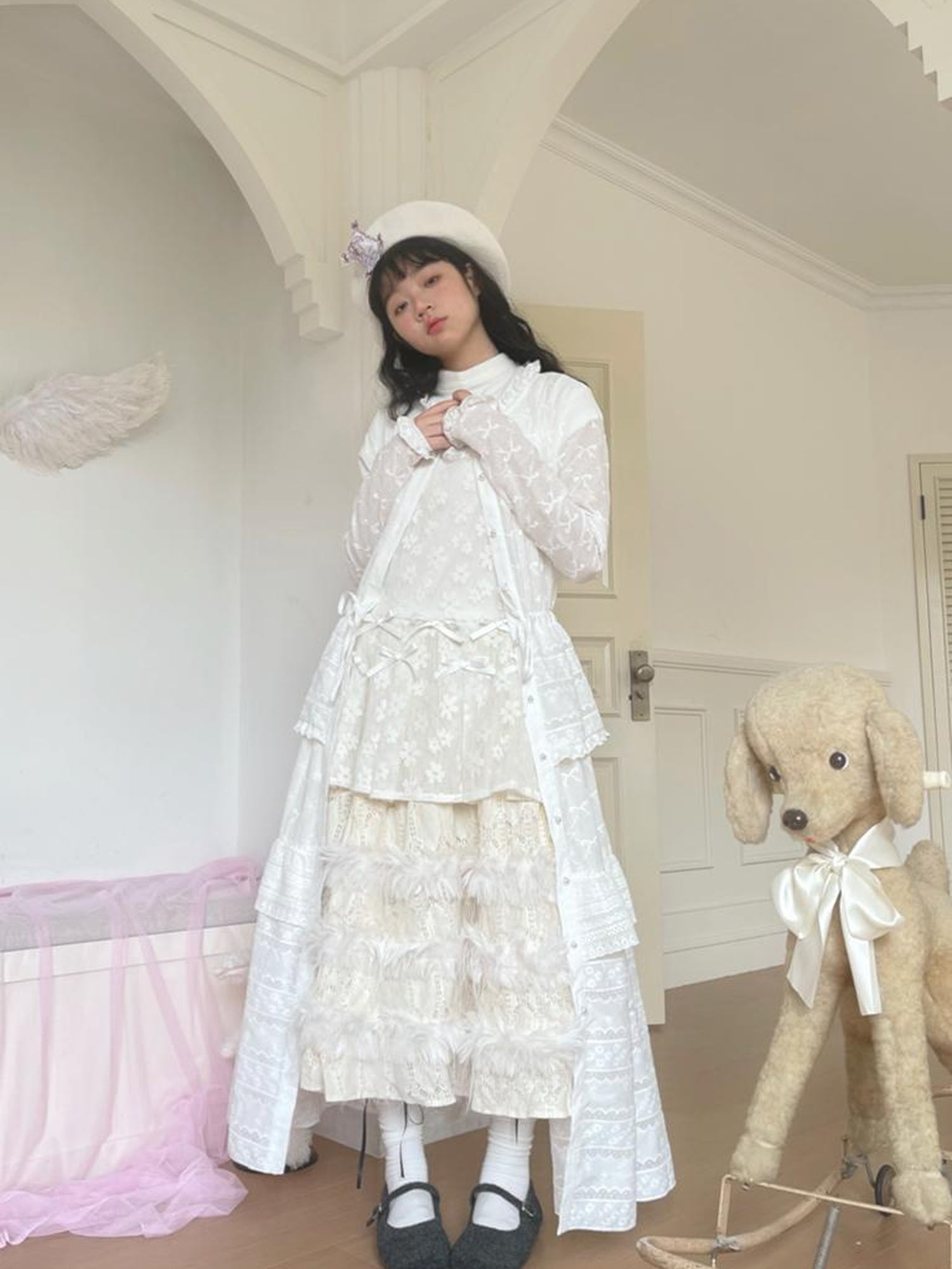 Daytoday Butterfly Embroidery Ruffle Hem Cotton Dress Cardigan