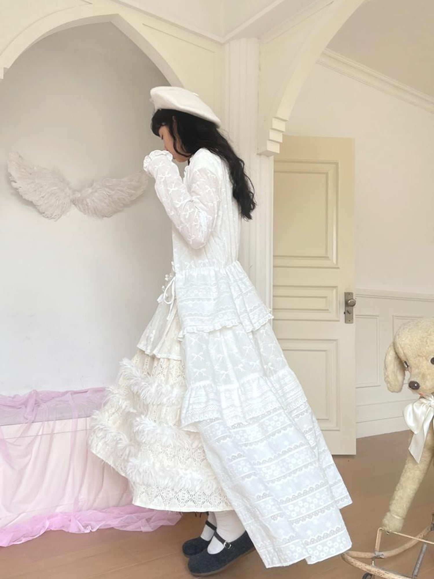 Daytoday Butterfly Embroidery Ruffle Hem Cotton Dress Cardigan