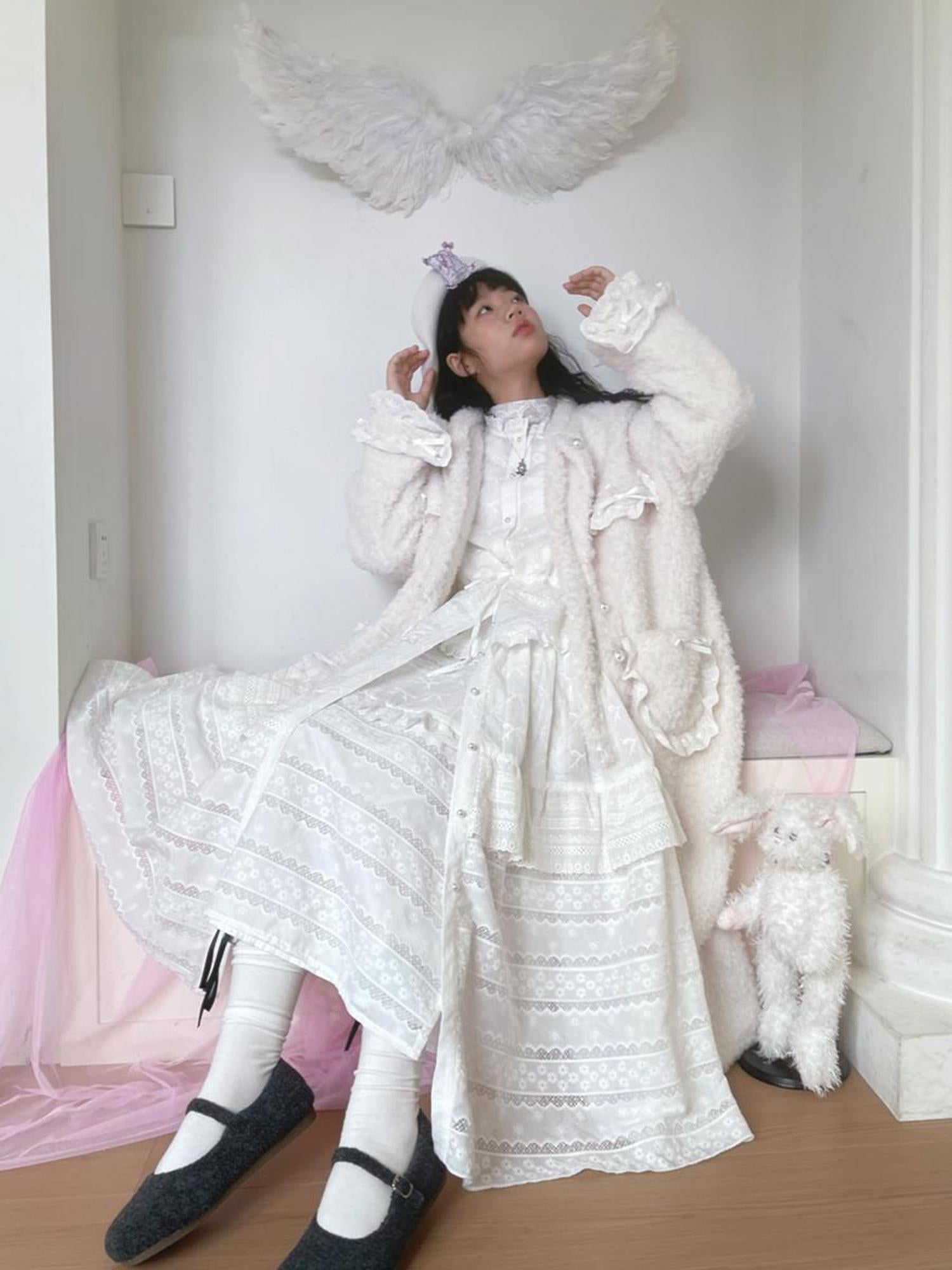 Daytoday Butterfly Embroidery Ruffle Hem Cotton Dress Cardigan