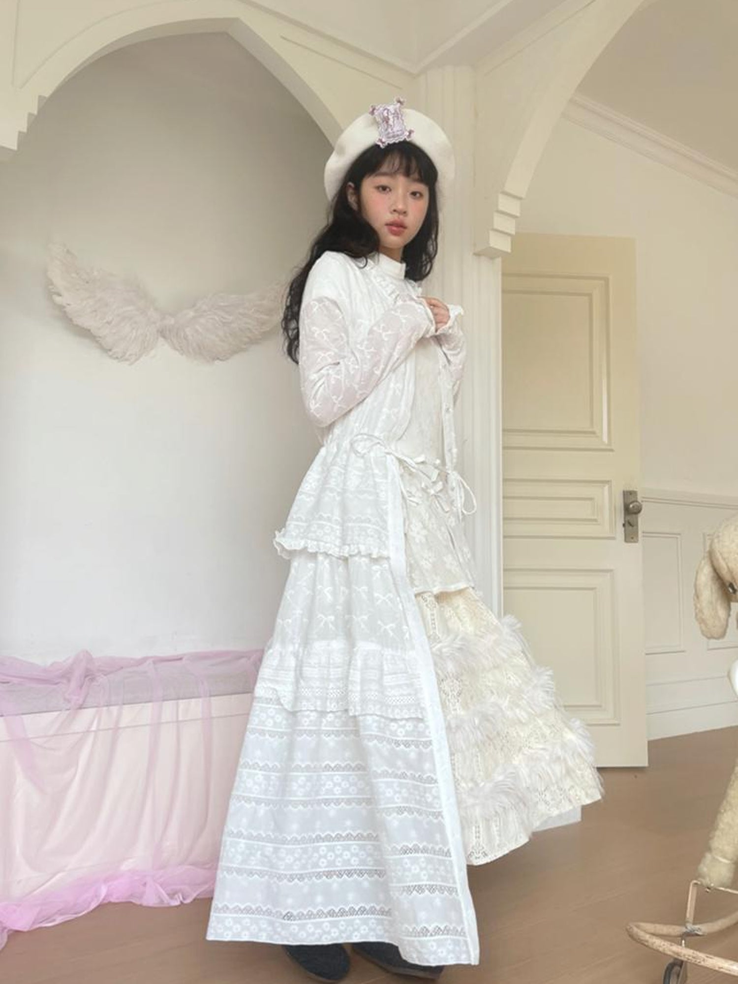 Daytoday Butterfly Embroidery Ruffle Hem Cotton Dress Cardigan