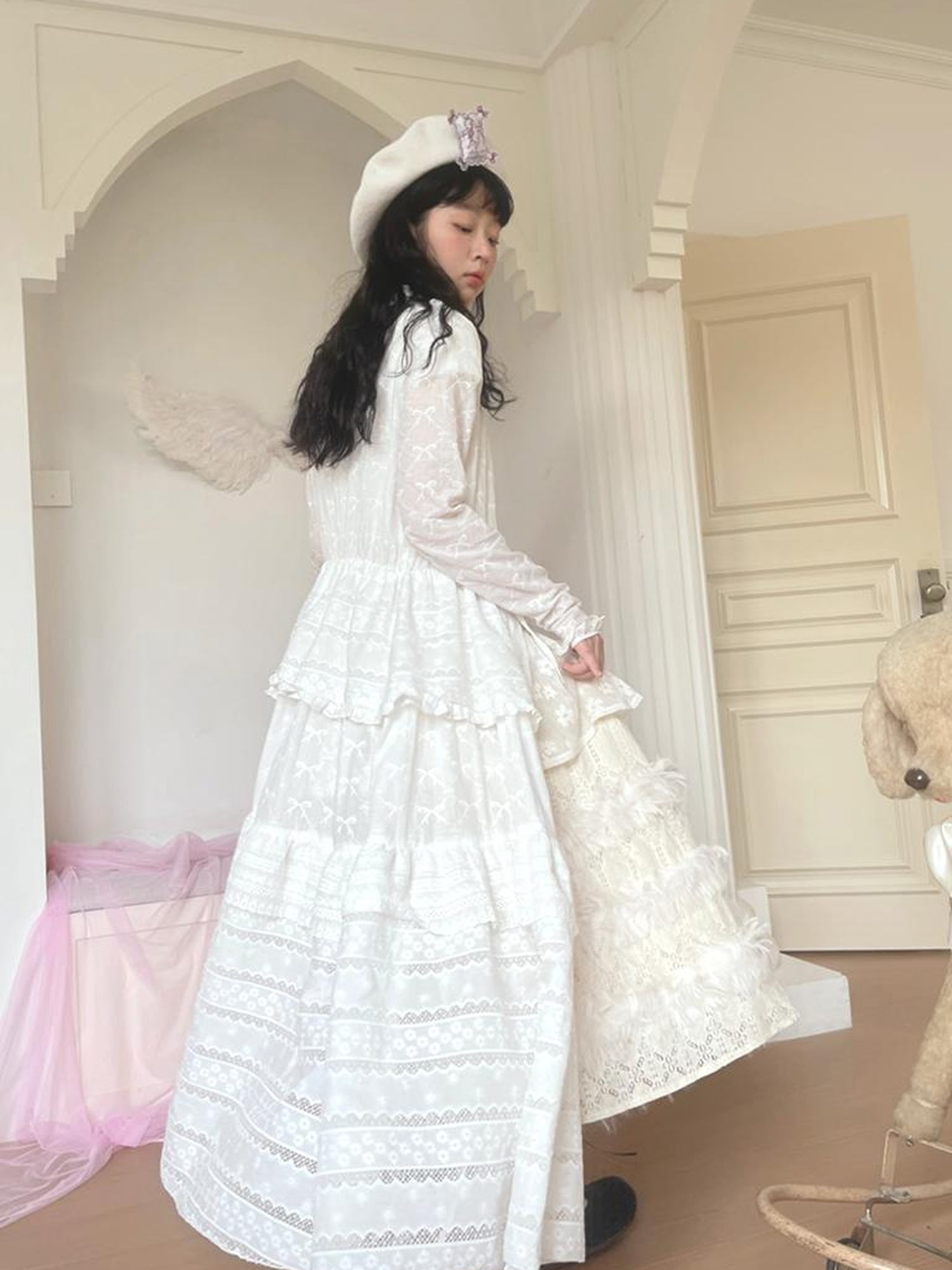 Daytoday Butterfly Embroidery Ruffle Hem Cotton Dress Cardigan