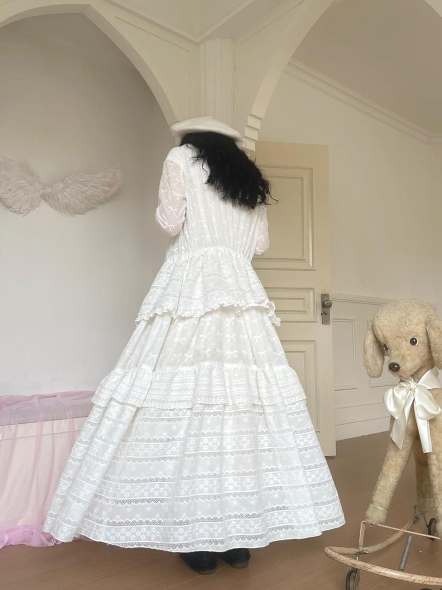 Daytoday Butterfly Embroidery Ruffle Hem Cotton Dress Cardigan