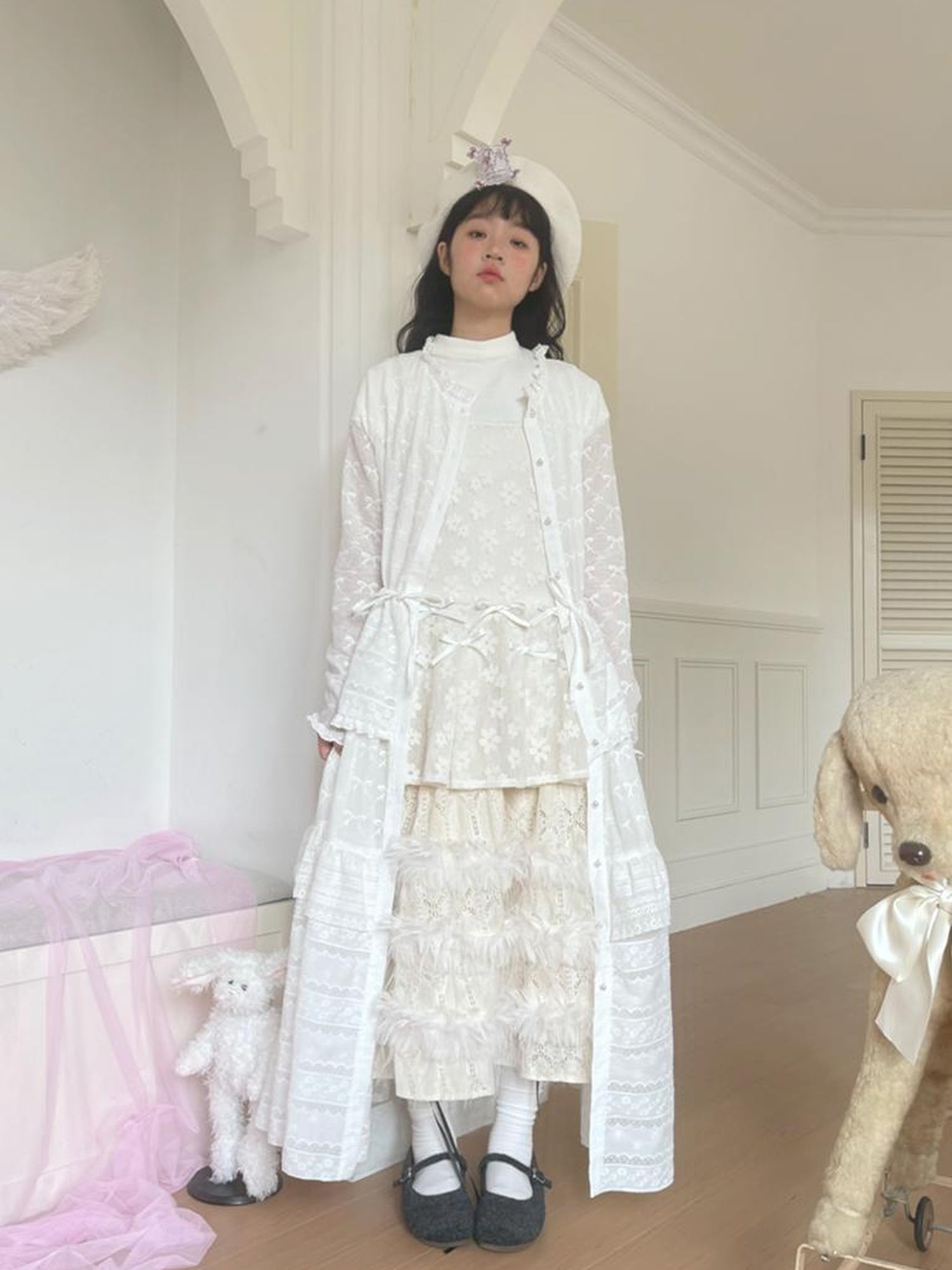 Daytoday Butterfly Embroidery Ruffle Hem Cotton Dress Cardigan