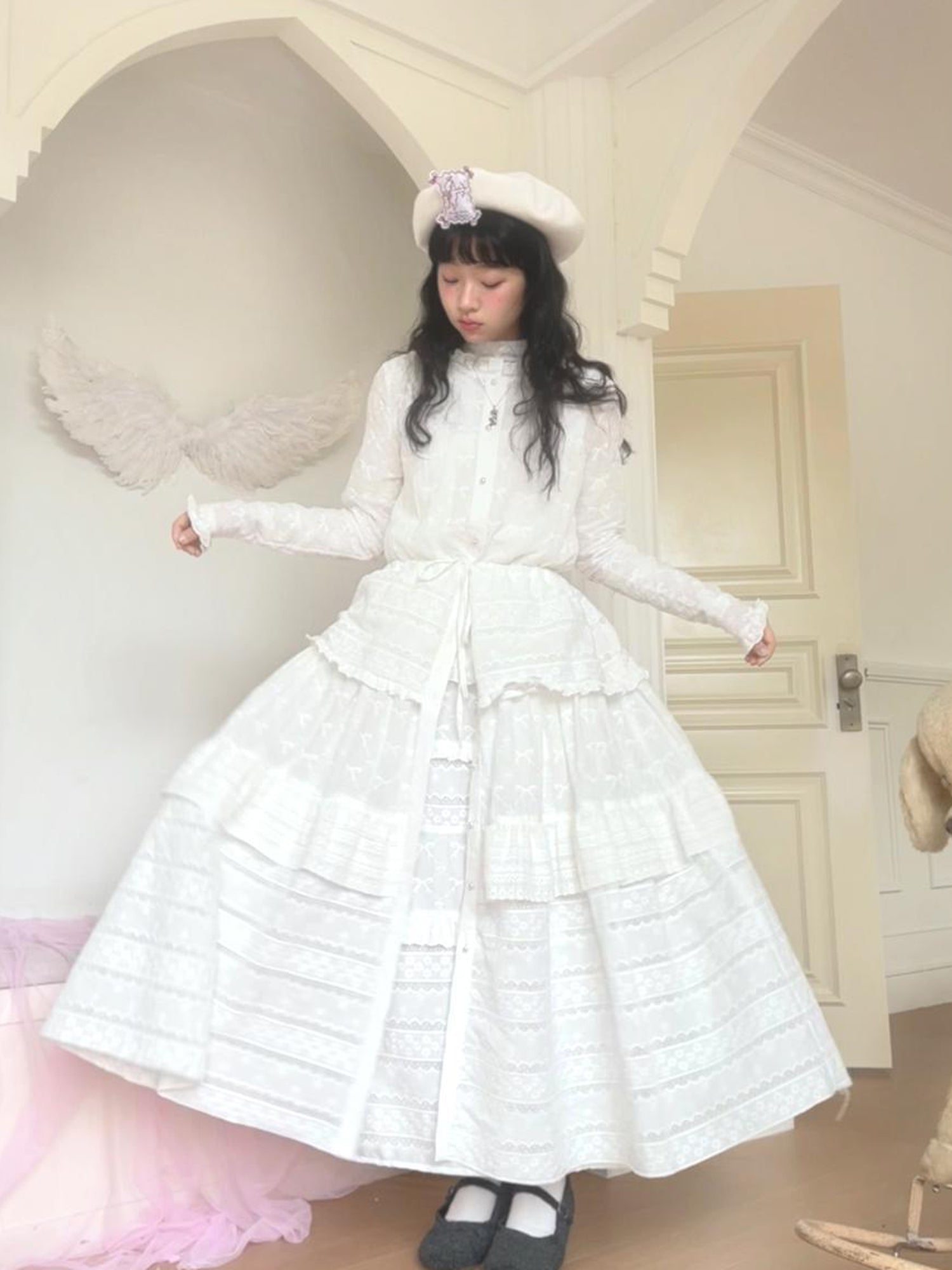 Daytoday Butterfly Embroidery Ruffle Hem Cotton Dress Cardigan