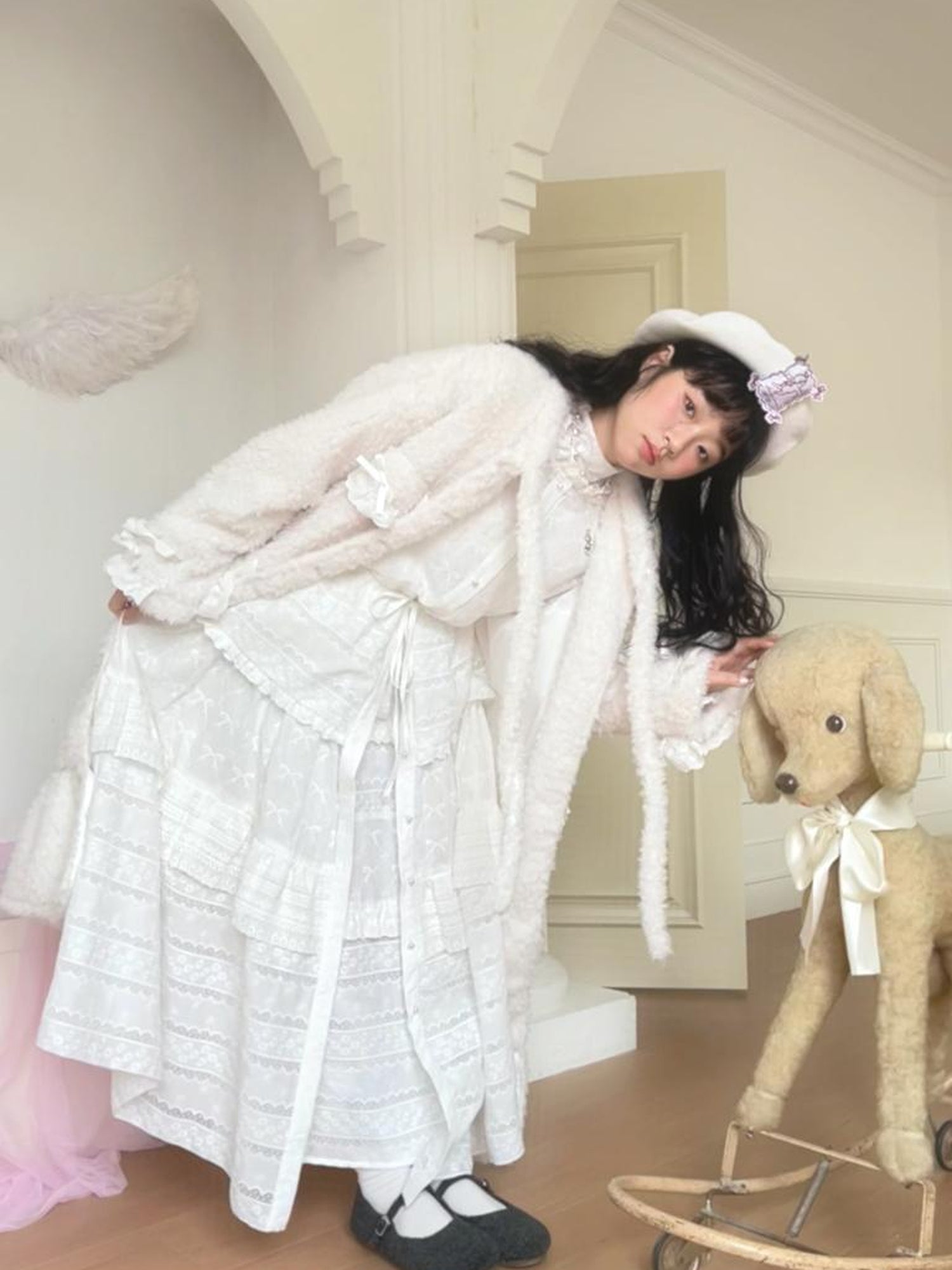 Daytoday Butterfly Embroidery Ruffle Hem Cotton Dress Cardigan