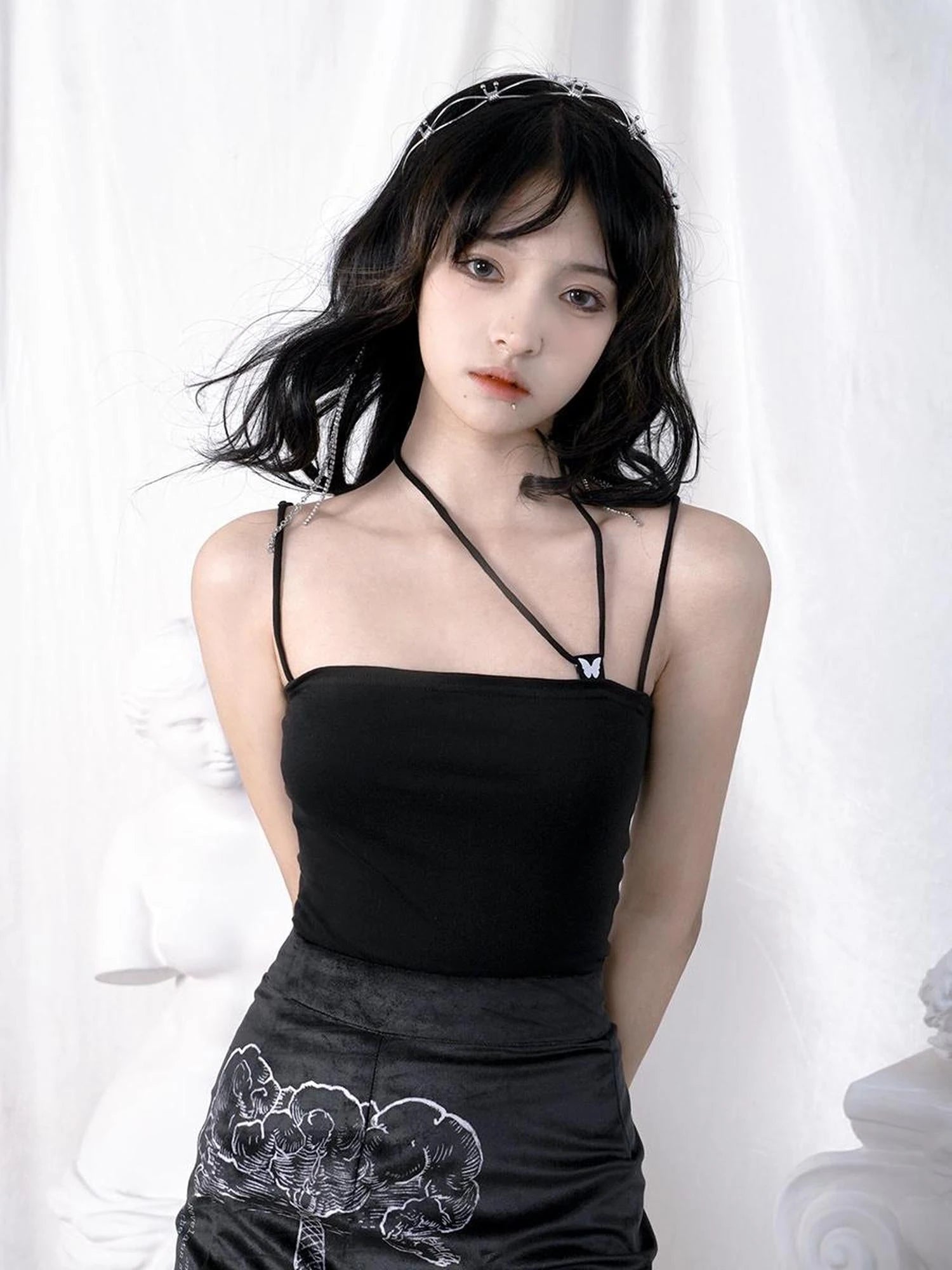 Butterfly Jacquard Tie Strap Slim Fit Versatile Camisole Top