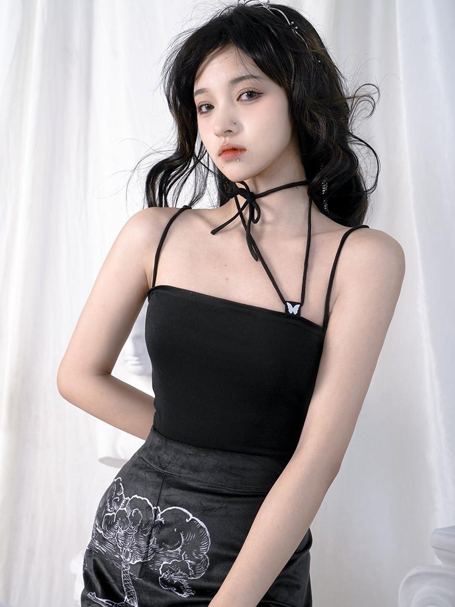 Daytoday Butterfly Jacquard Tie Strap Slim Fit Versatile Camisole Top