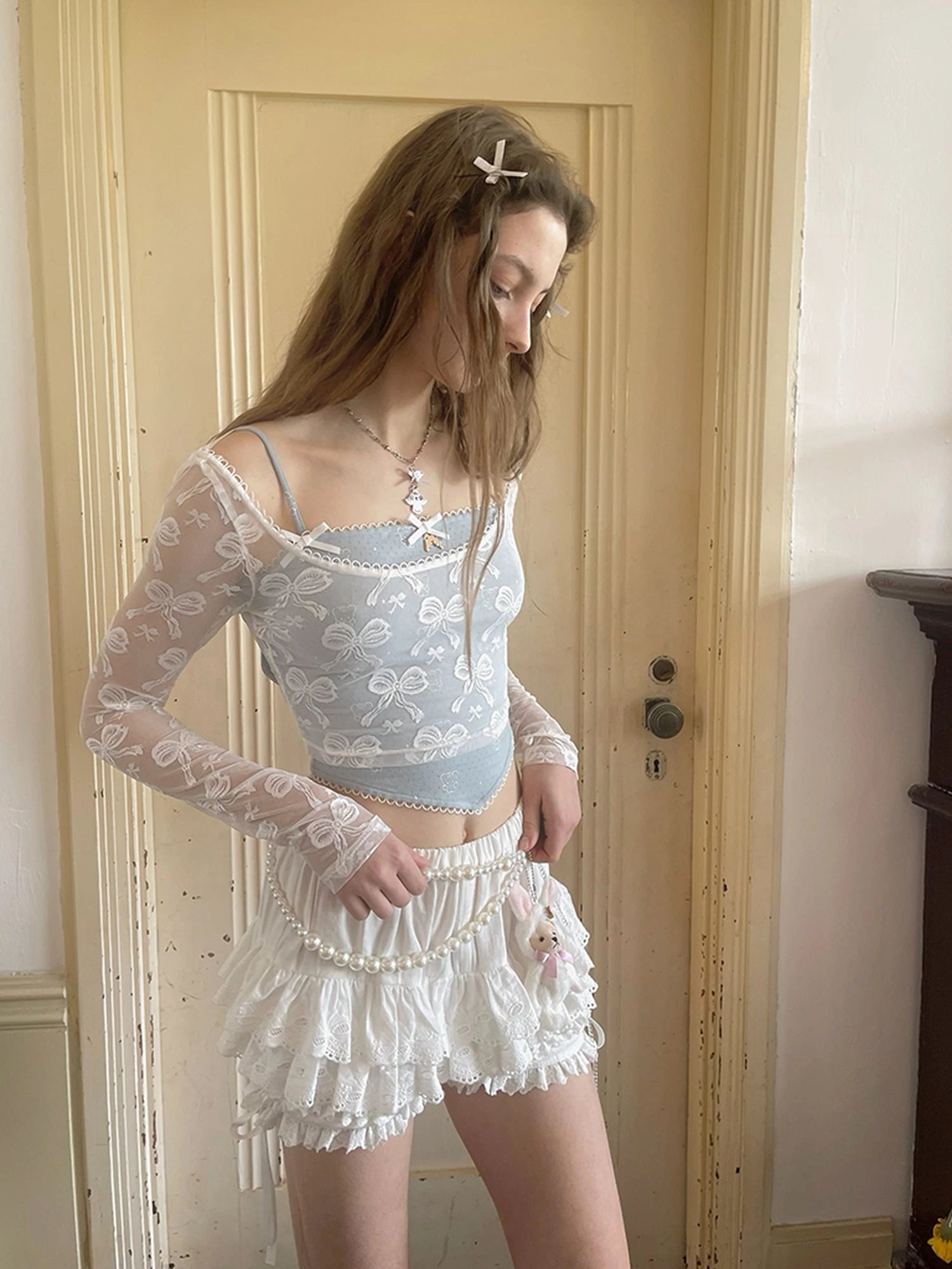 Butterfly Lace Bow Print Sun Protection Top