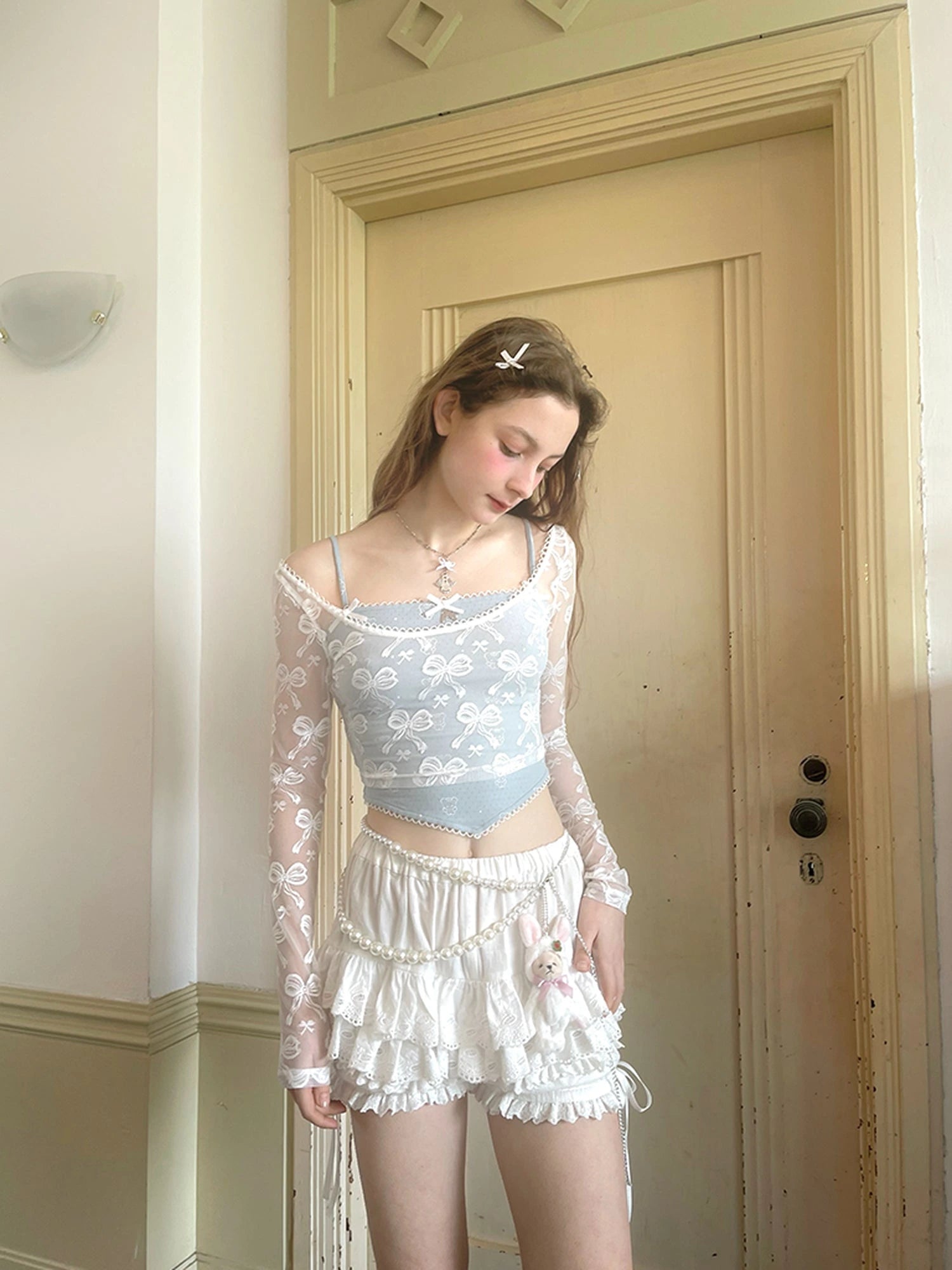 Butterfly Lace Bow Print Sun Protection Top