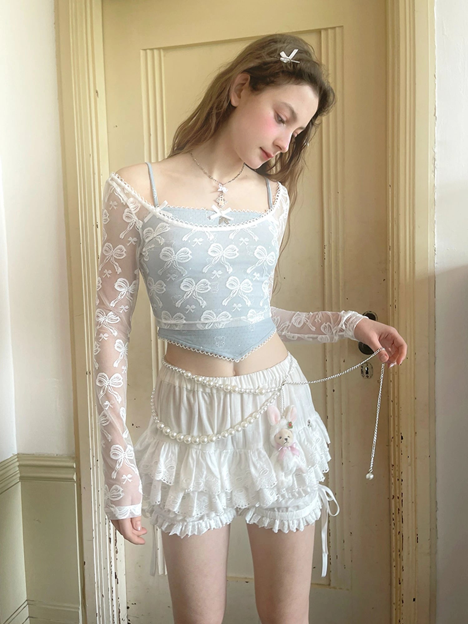 Butterfly Lace Bow Print Sun Protection Top