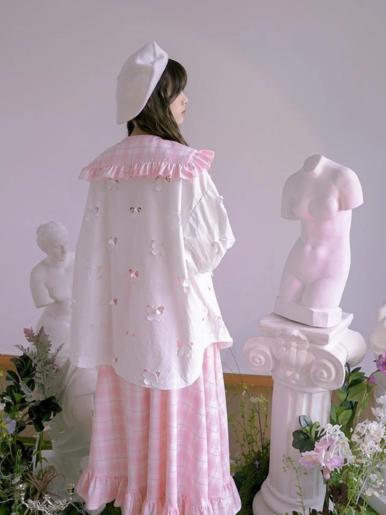 Butterfly Lace Pink Check Oversized Shirt