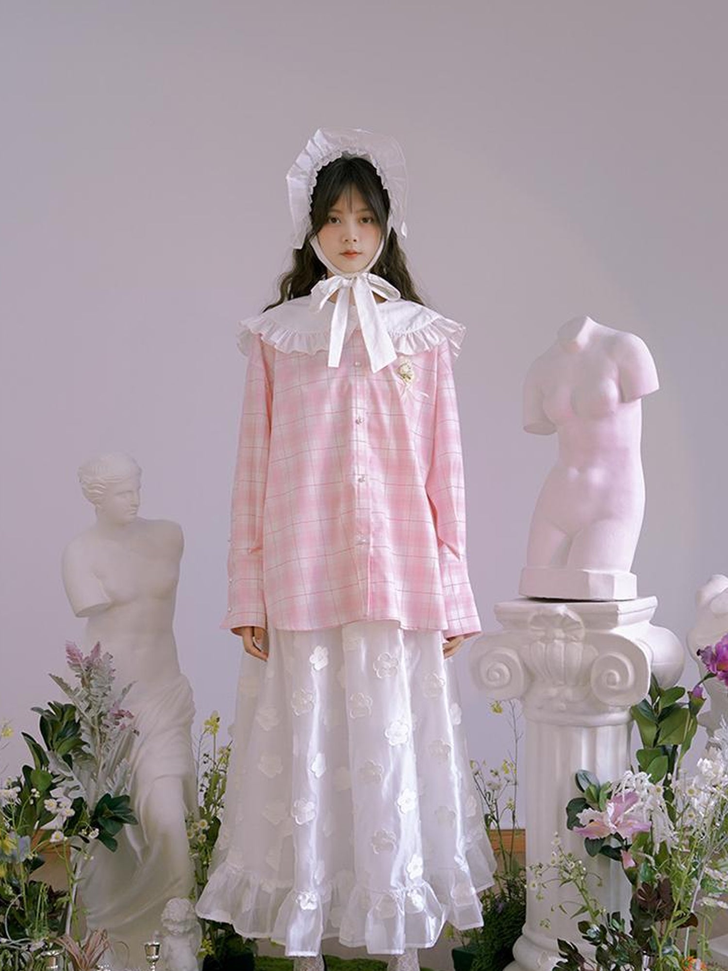 Daytoday Butterfly Lace Pink Check Oversized Shirt