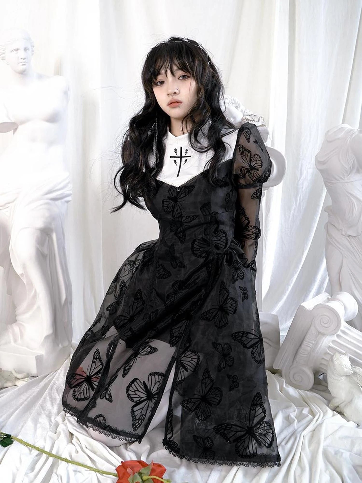 Butterfly Lace Princess Puff Sleeve Cross Embroidered Waist Tie Dress