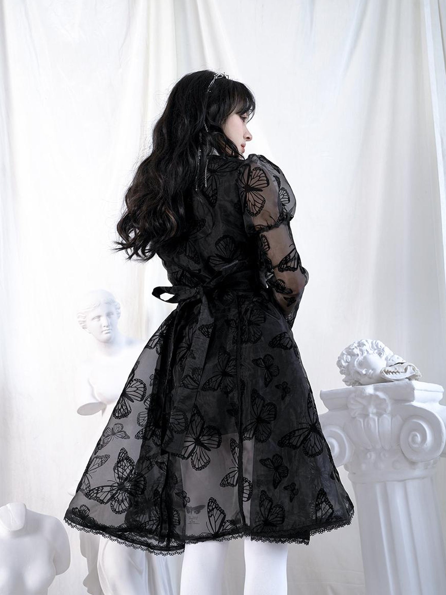 Daytoday Butterfly Lace Princess Puff Sleeve Cross Embroidered Waist Tie Dress