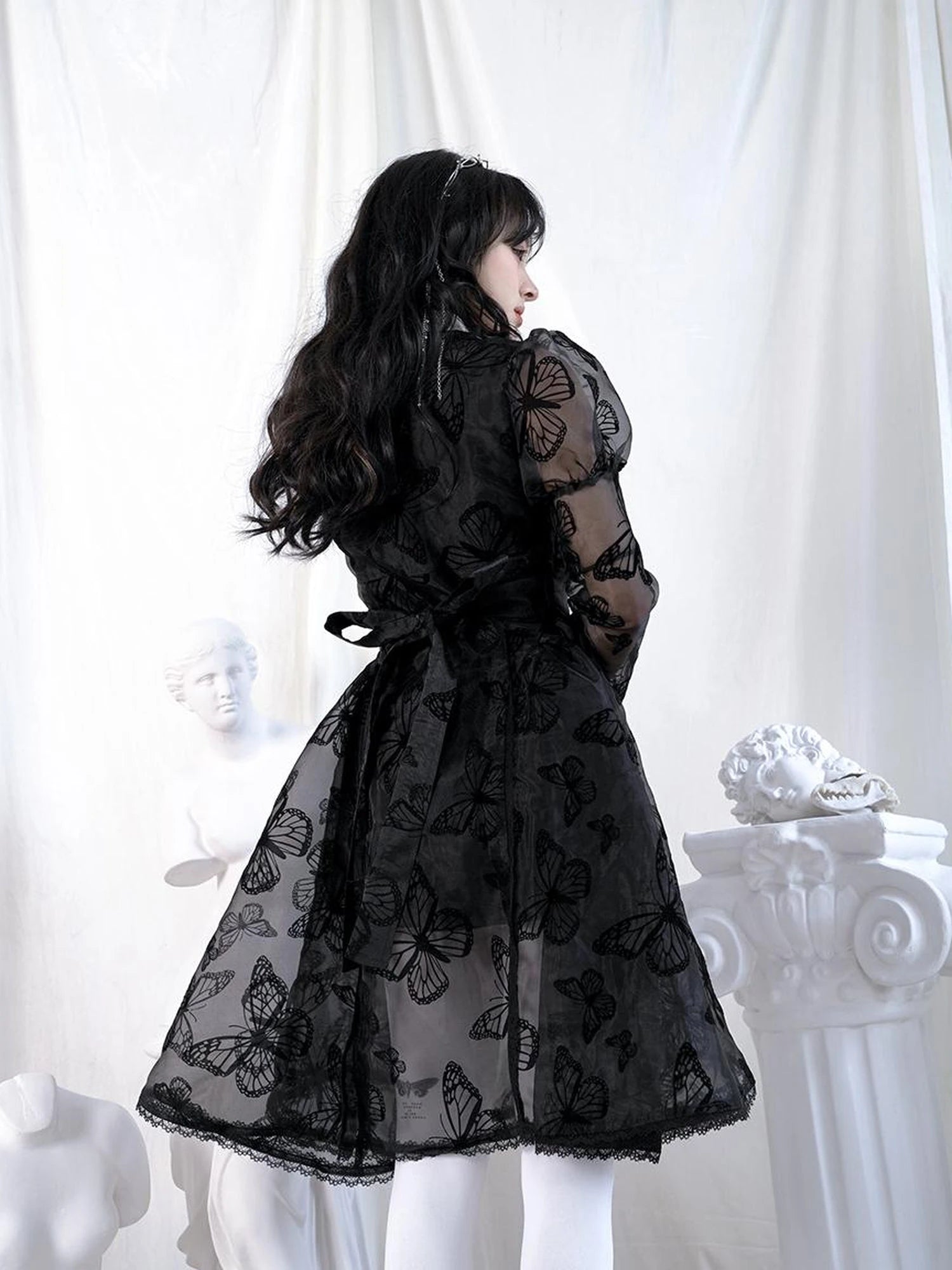 Butterfly Lace Princess Puff Sleeve Cross Embroidered Waist Tie Dress