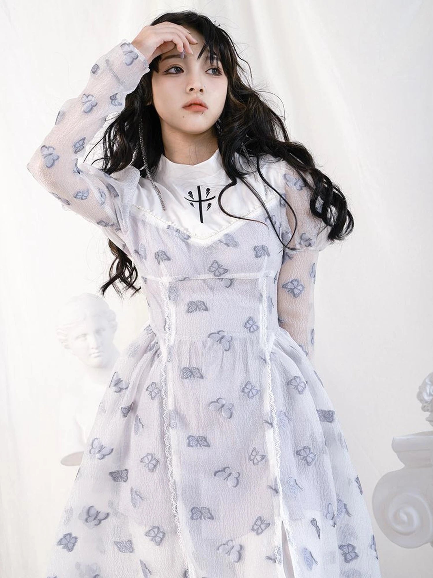 Butterfly Lace Princess Puff Sleeve Cross Embroidered Waist Tie Dress