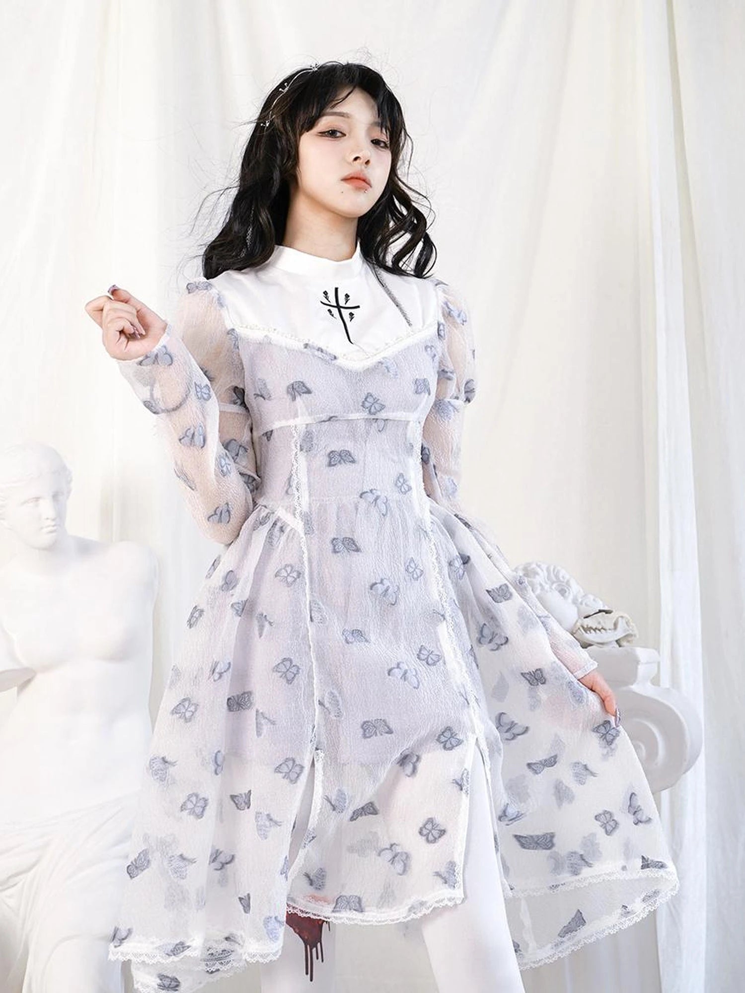 Butterfly Lace Princess Puff Sleeve Cross Embroidered Waist Tie Dress