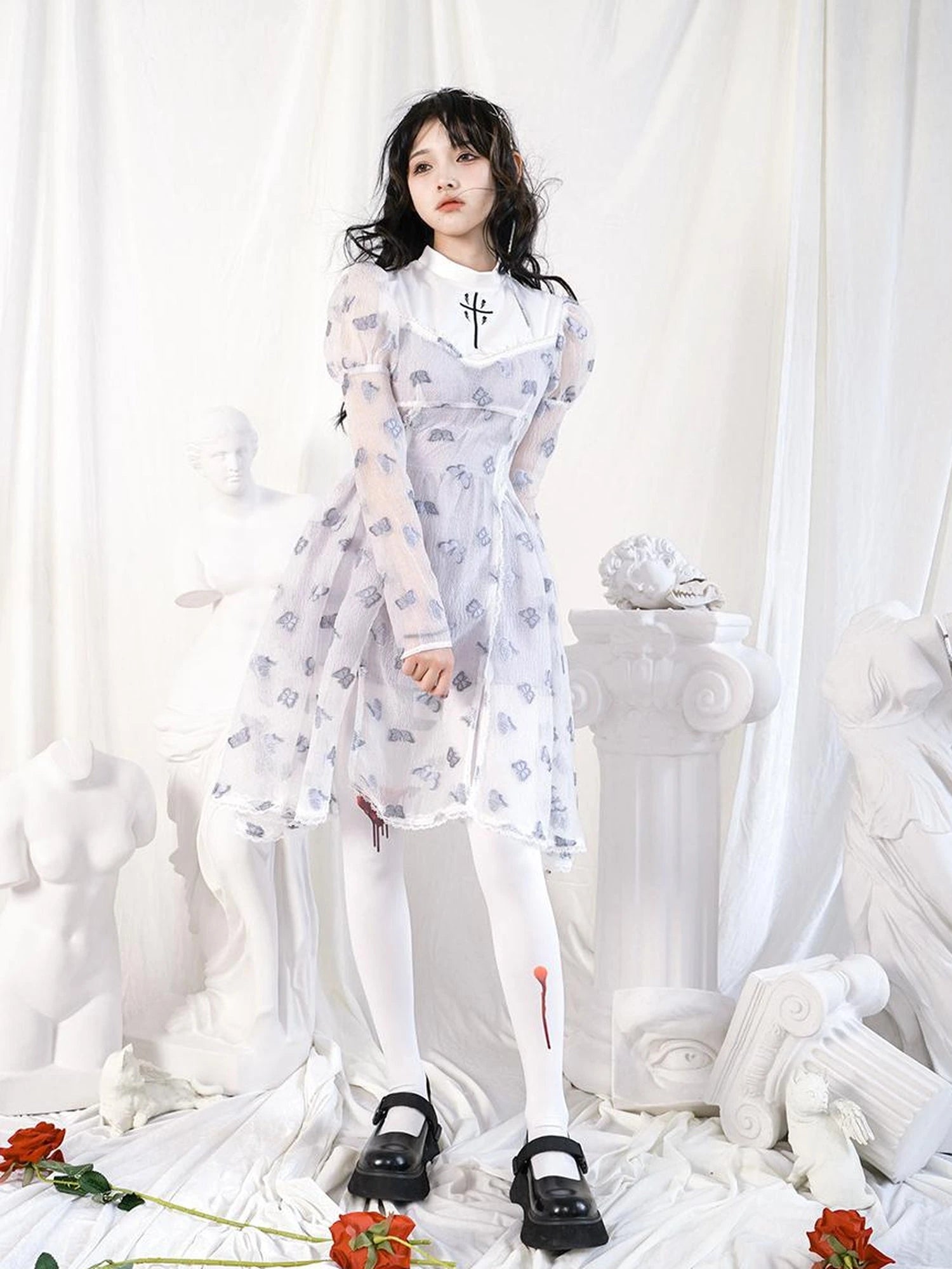 Butterfly Lace Princess Puff Sleeve Cross Embroidered Waist Tie Dress