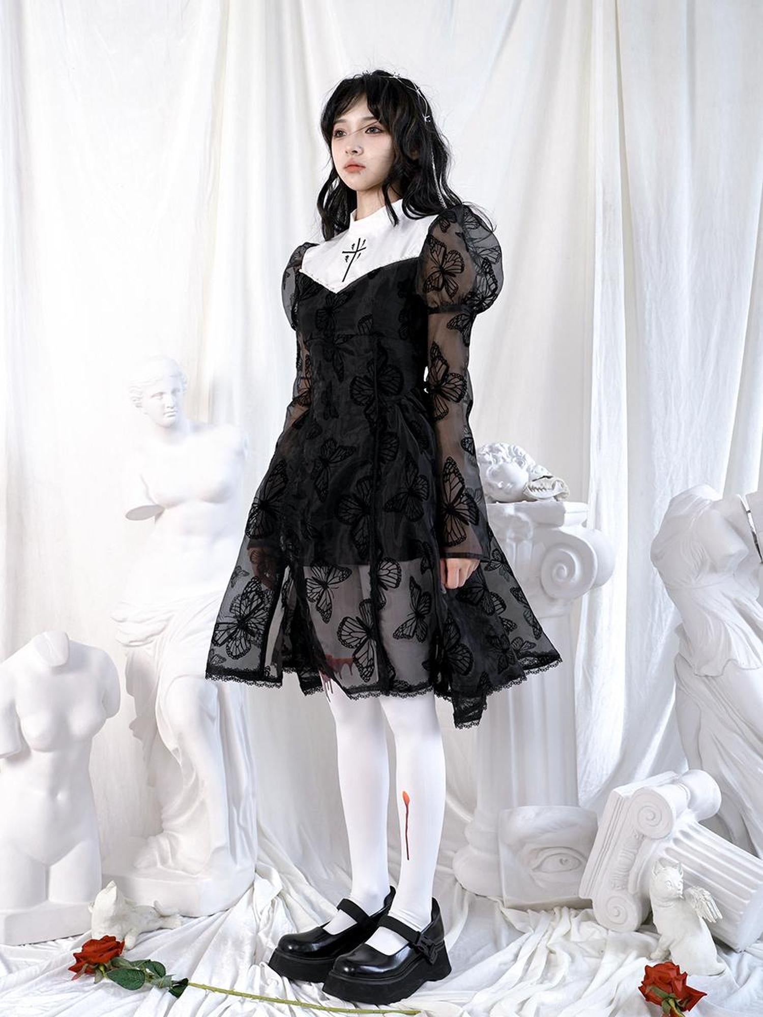 Daytoday Butterfly Lace Princess Puff Sleeve Cross Embroidered Waist Tie Dress