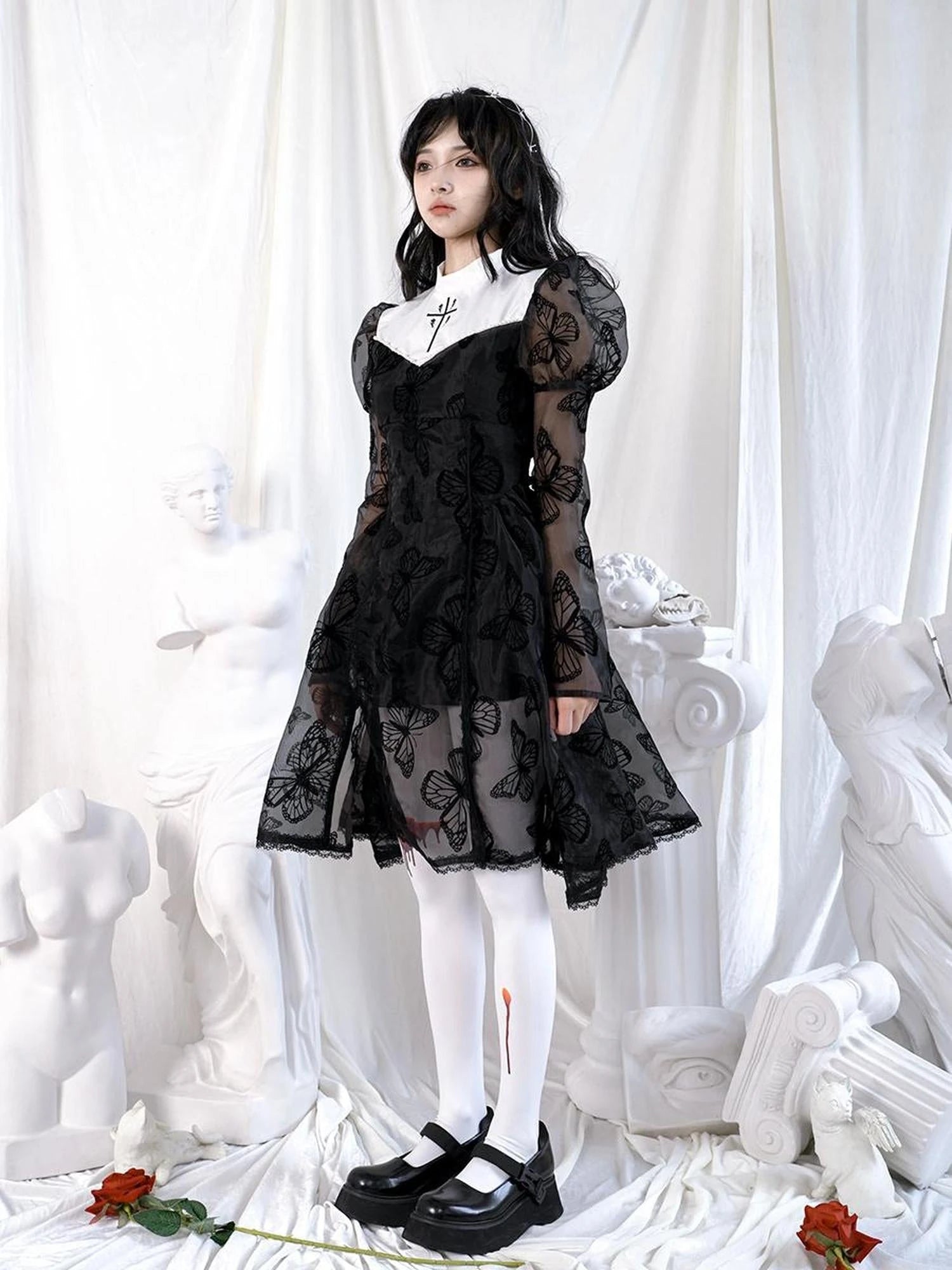 Butterfly Lace Princess Puff Sleeve Cross Embroidered Waist Tie Dress