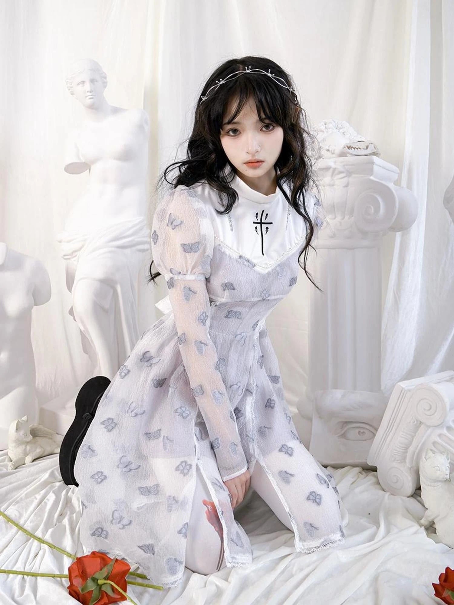 Butterfly Lace Princess Puff Sleeve Cross Embroidered Waist Tie Dress