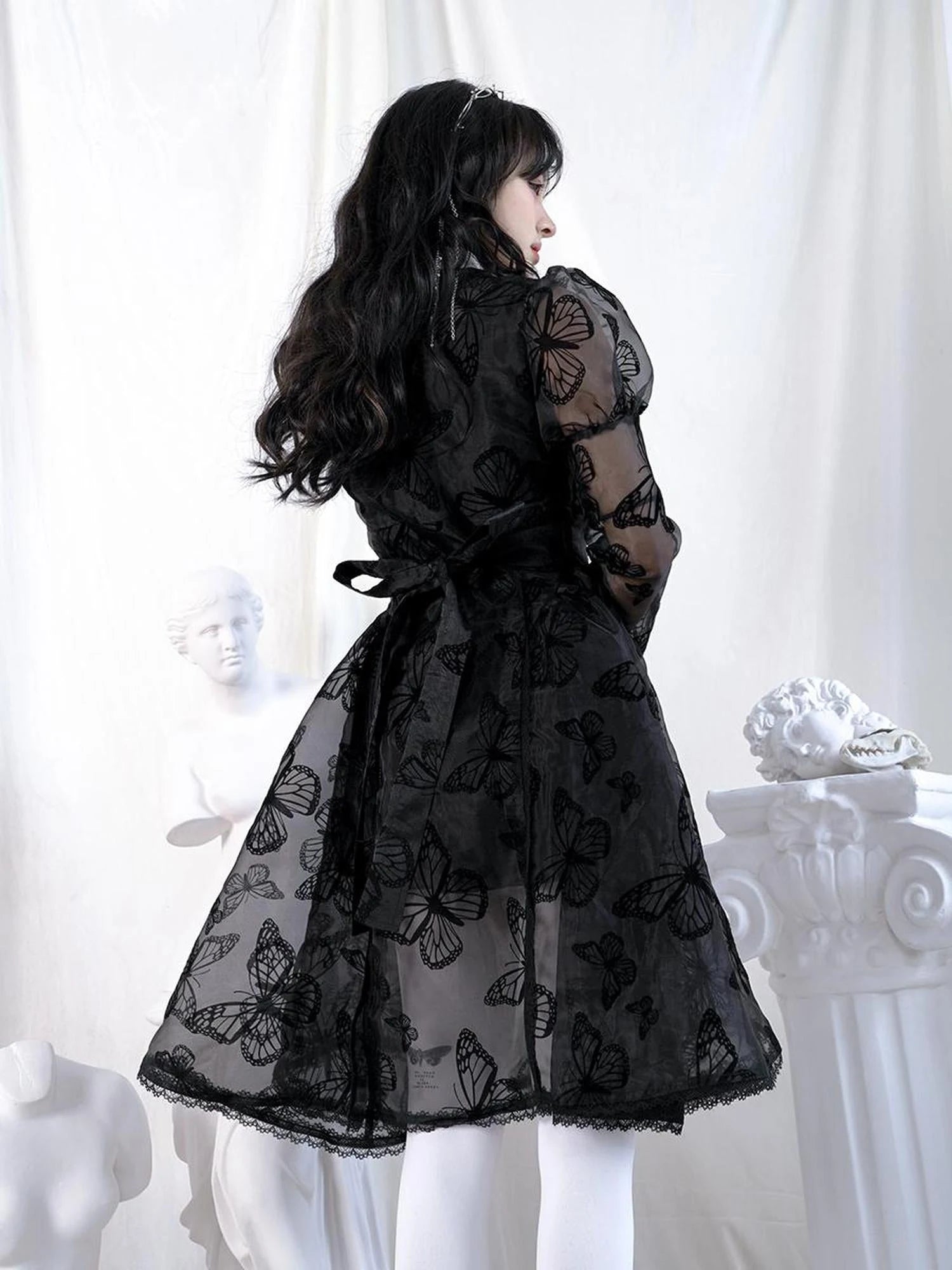 Butterfly Lace Princess Puff Sleeve Cross Embroidered Waist Tie Dress