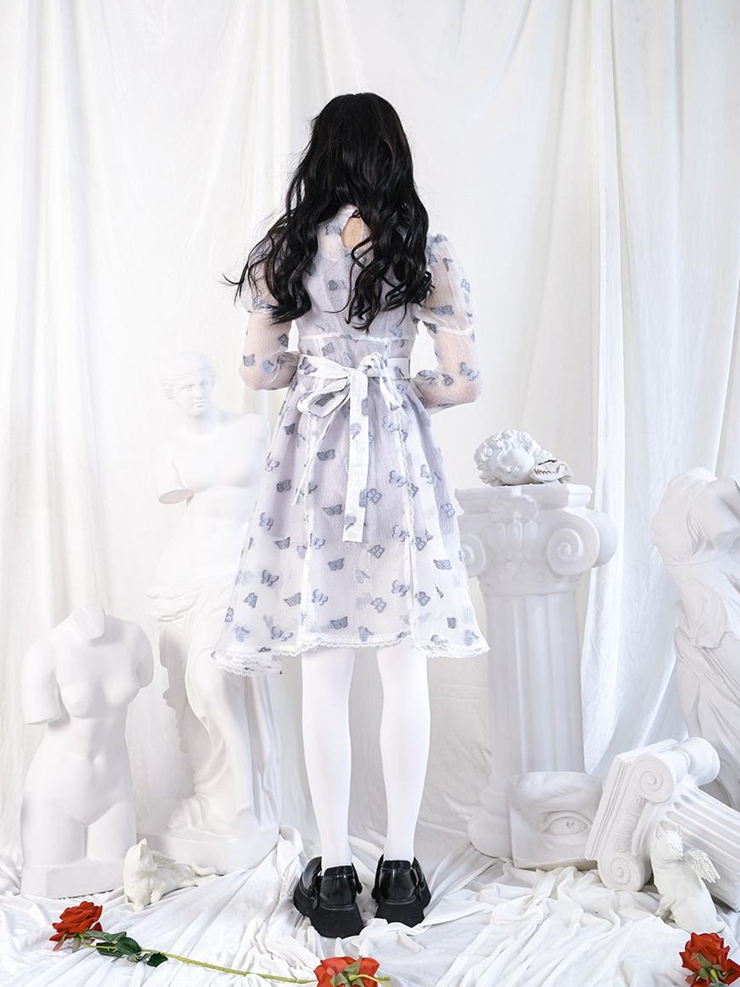 Daytoday Butterfly Lace Princess Puff Sleeve Cross Embroidered Waist Tie Dress