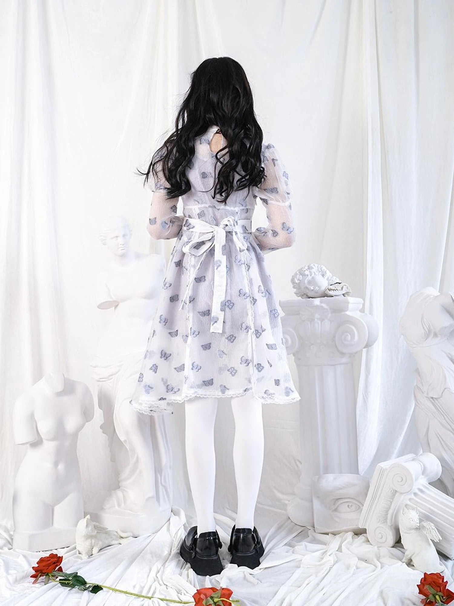 Butterfly Lace Princess Puff Sleeve Cross Embroidered Waist Tie Dress