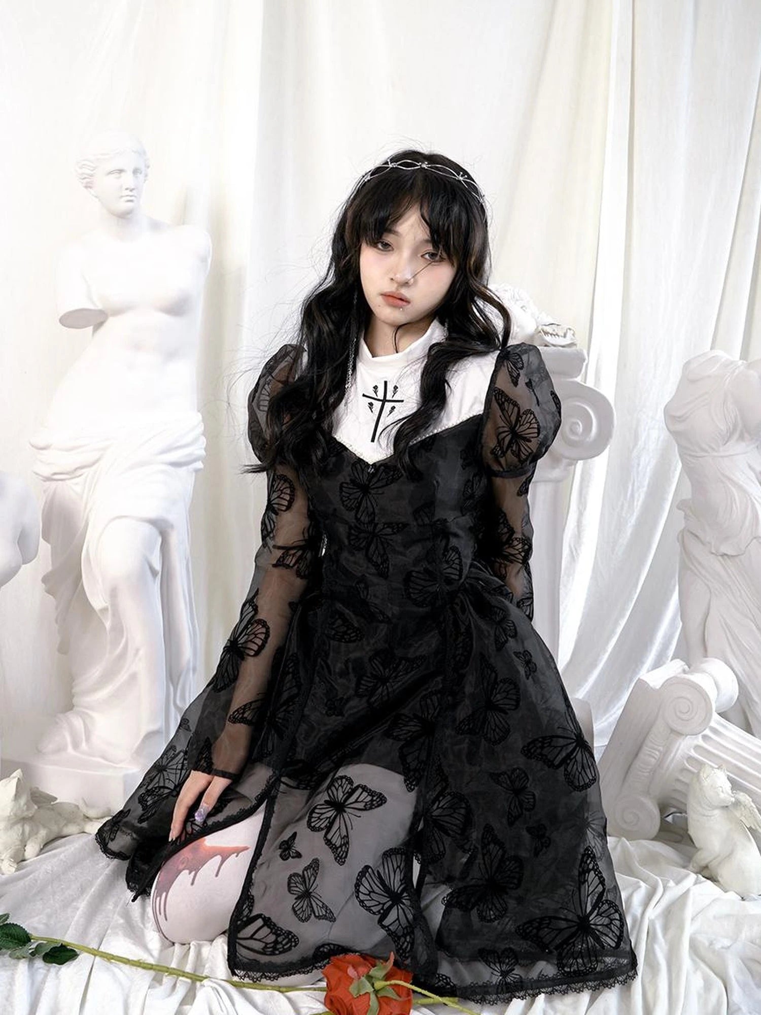 Butterfly Lace Princess Puff Sleeve Cross Embroidered Waist Tie Dress