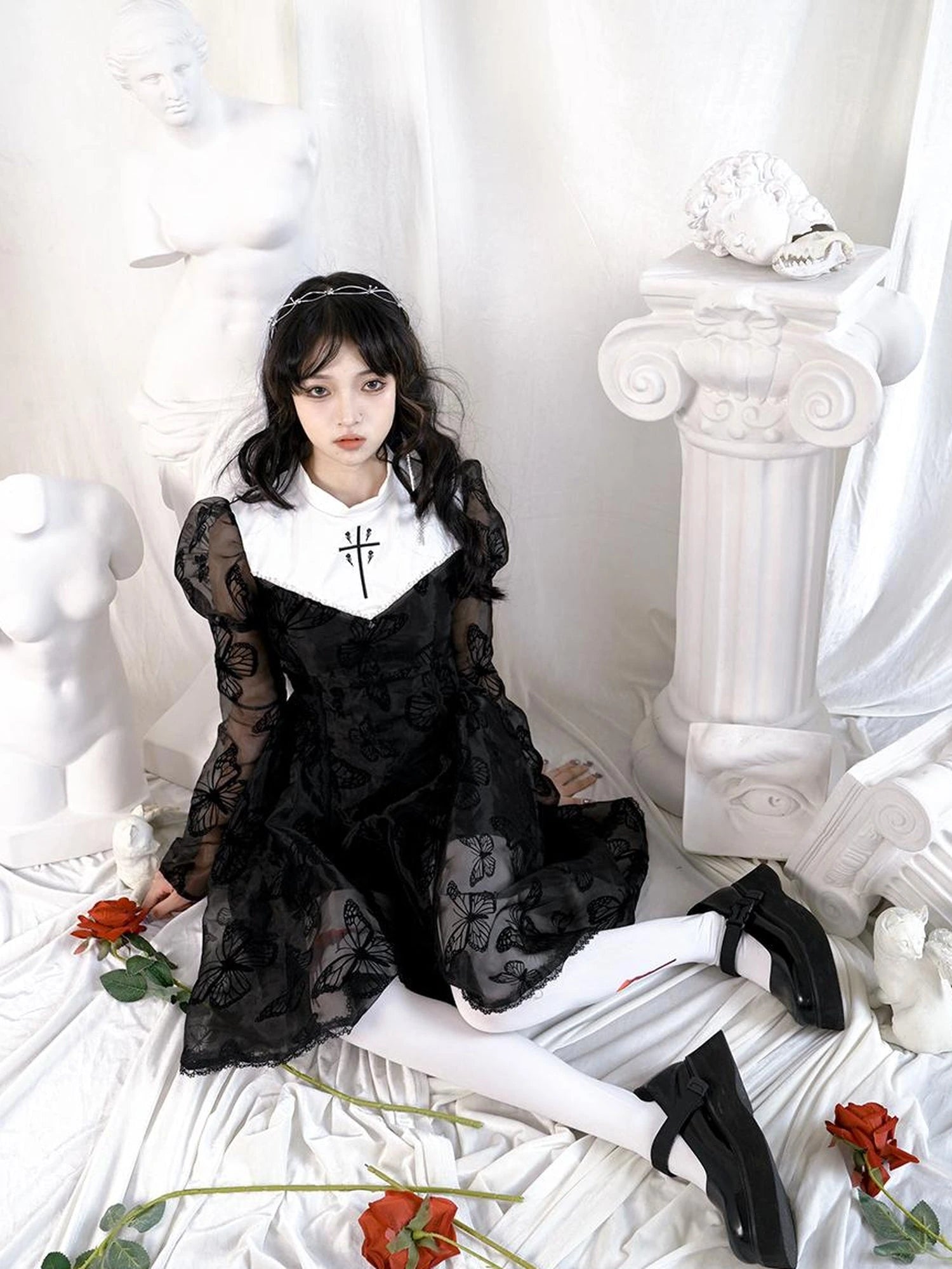 Butterfly Lace Princess Puff Sleeve Cross Embroidered Waist Tie Dress