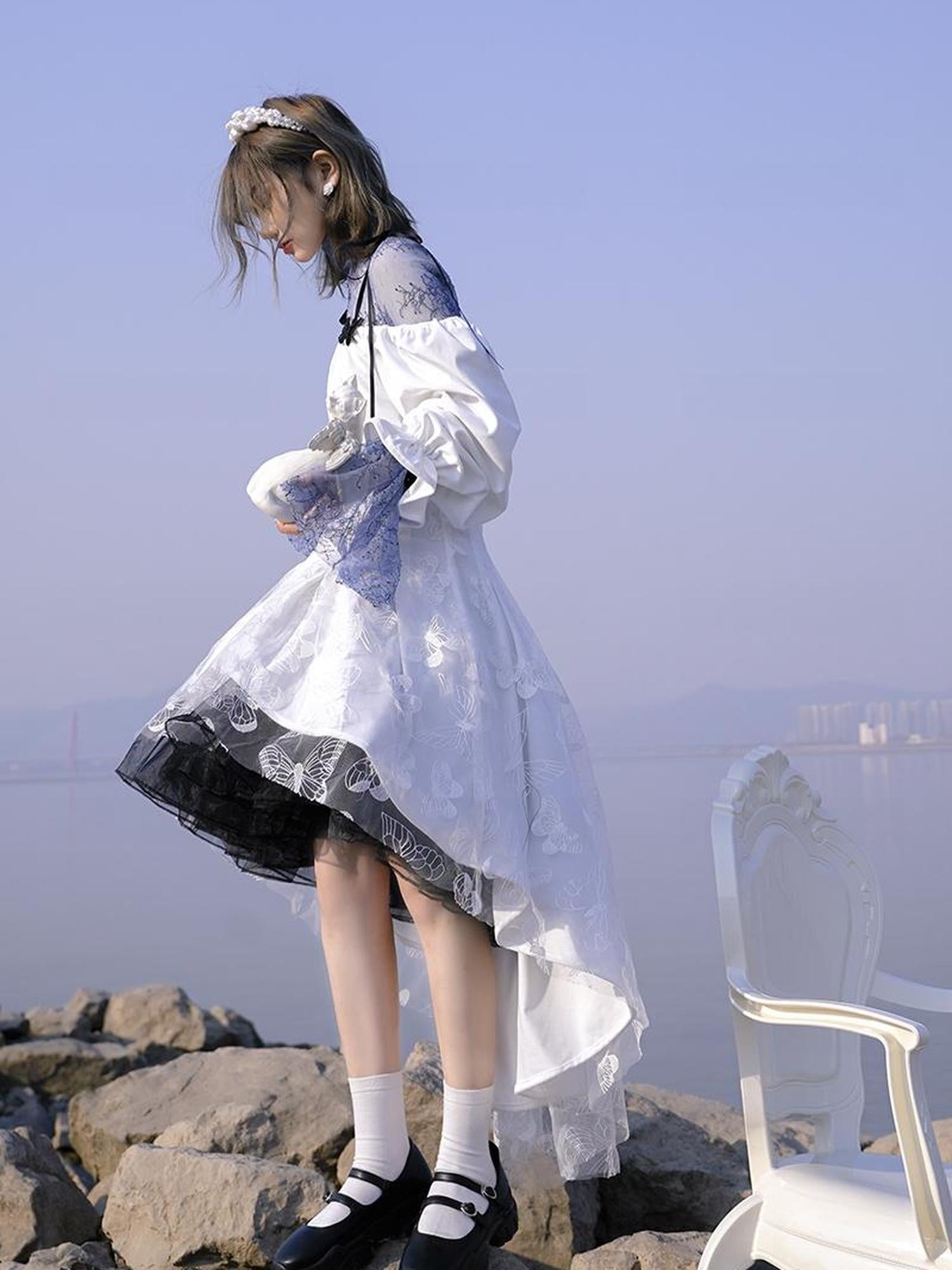 Daytoday Butterfly Lace Velvet Dress Inspired By Les Fleurs Du Mal V-Neck T-Shirt Long-Sleeve