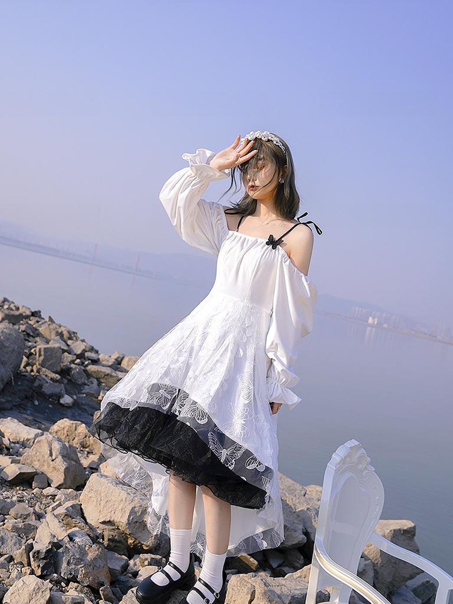 Daytoday Butterfly Lace Velvet Dress Inspired By Les Fleurs Du Mal V-Neck T-Shirt Long-Sleeve