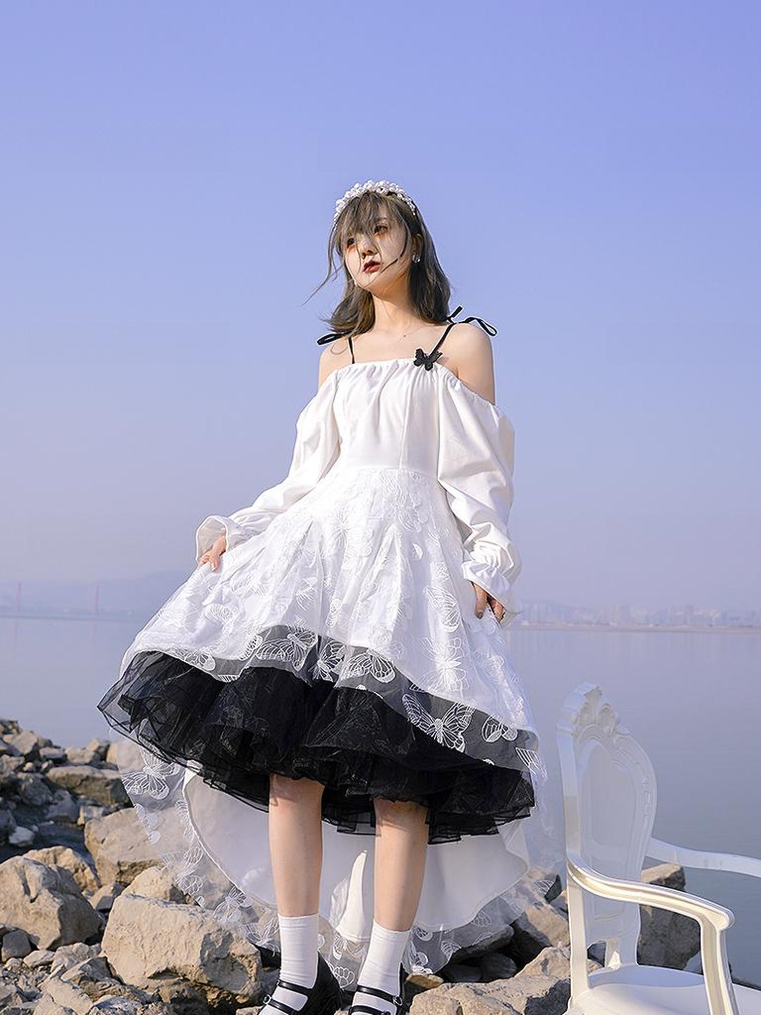 Daytoday Butterfly Lace Velvet Dress Inspired By Les Fleurs Du Mal V-Neck T-Shirt Long-Sleeve
