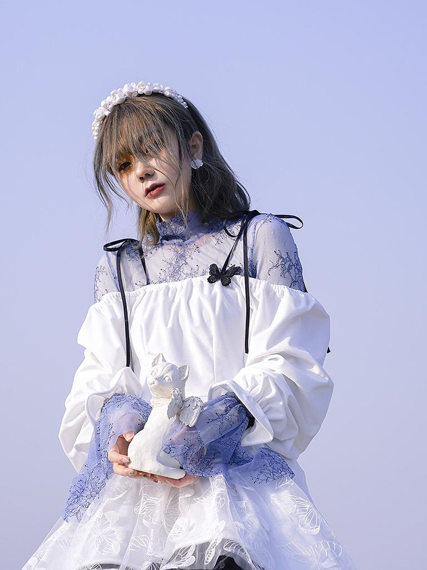 Daytoday Butterfly Lace Velvet Dress Inspired By Les Fleurs Du Mal V-Neck T-Shirt Long-Sleeve
