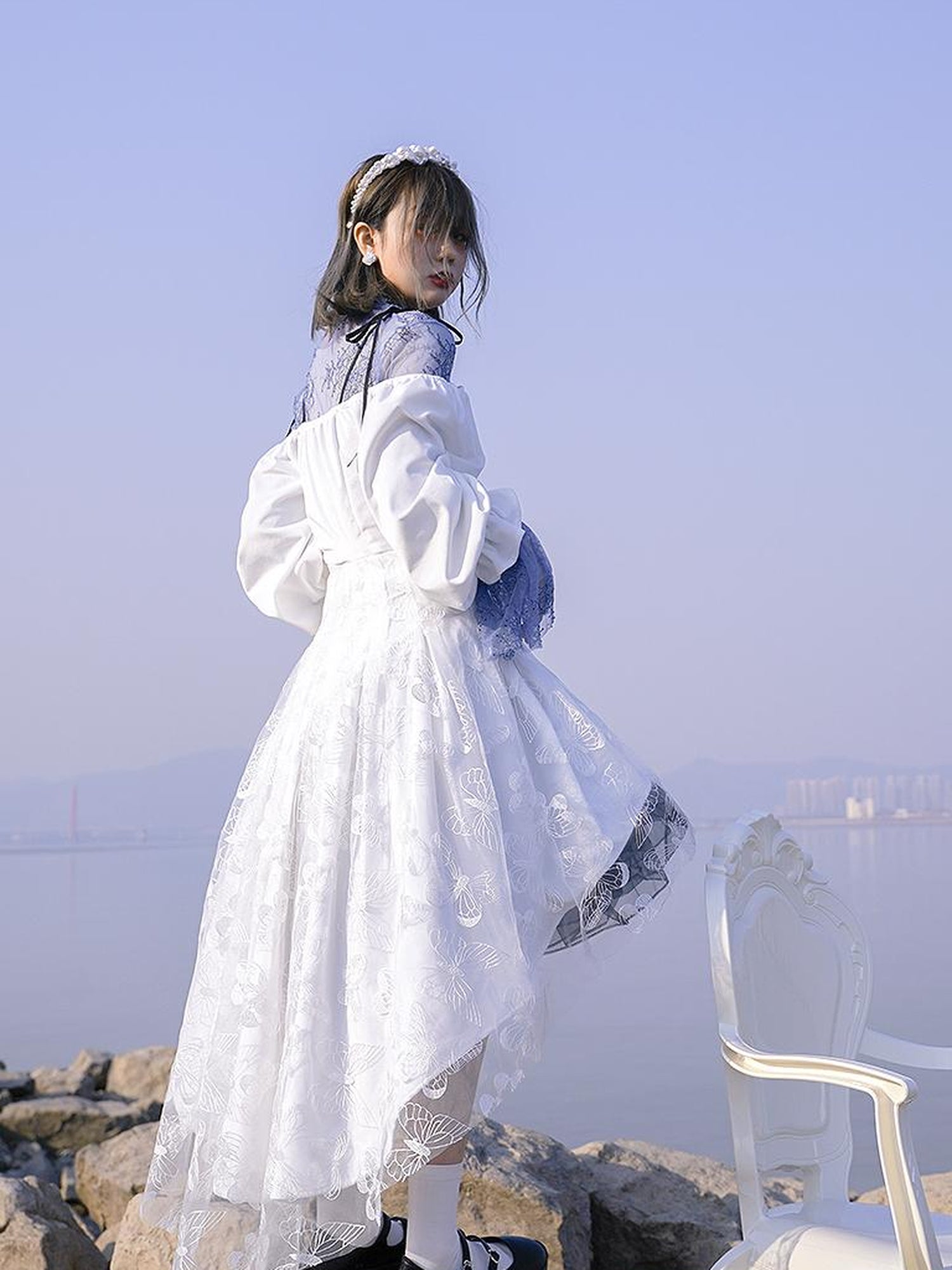 Daytoday Butterfly Lace Velvet Dress Inspired By Les Fleurs Du Mal V-Neck T-Shirt Long-Sleeve