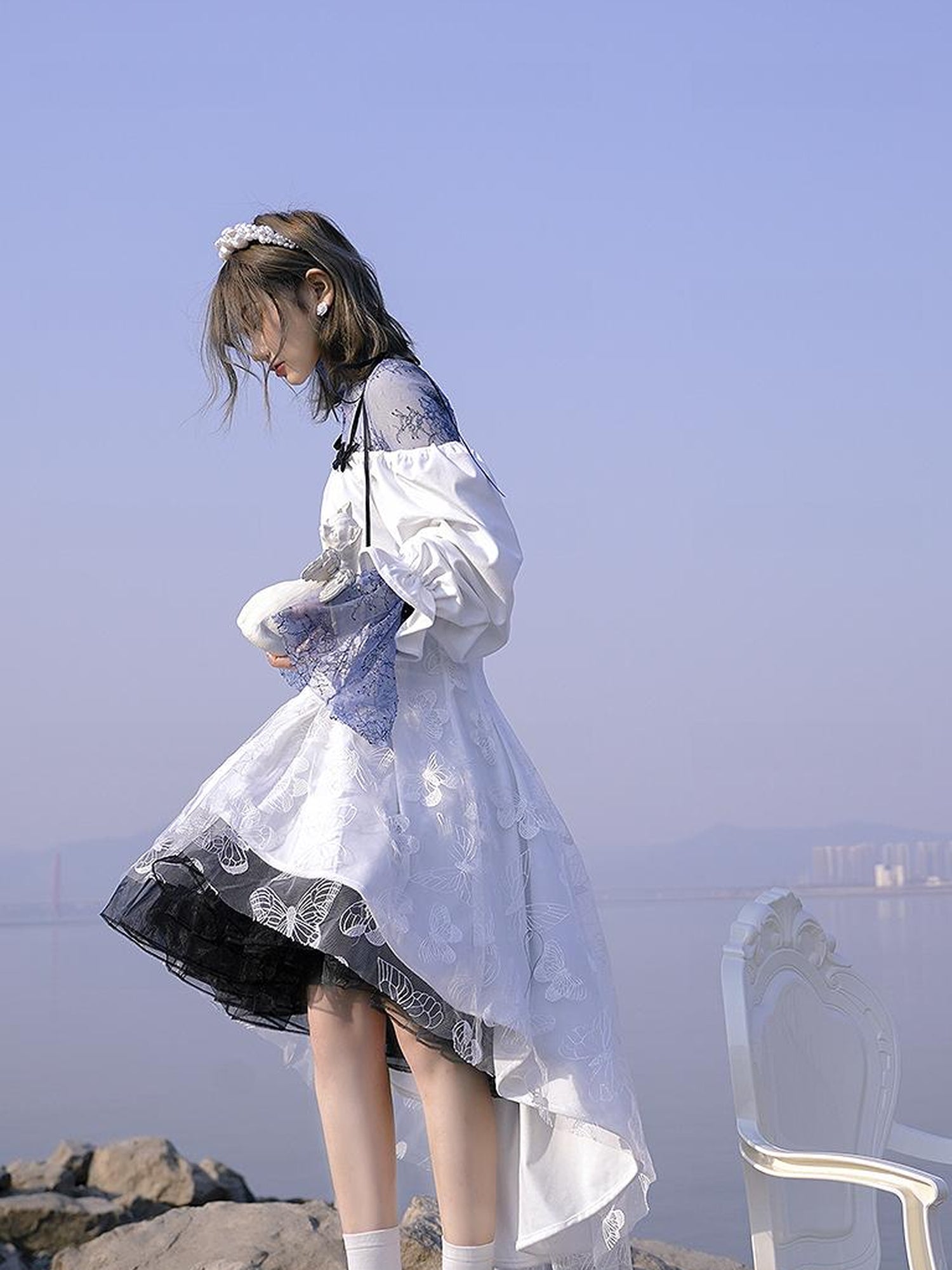 Daytoday Butterfly Lace Velvet Dress Inspired By Les Fleurs Du Mal V-Neck T-Shirt Long-Sleeve