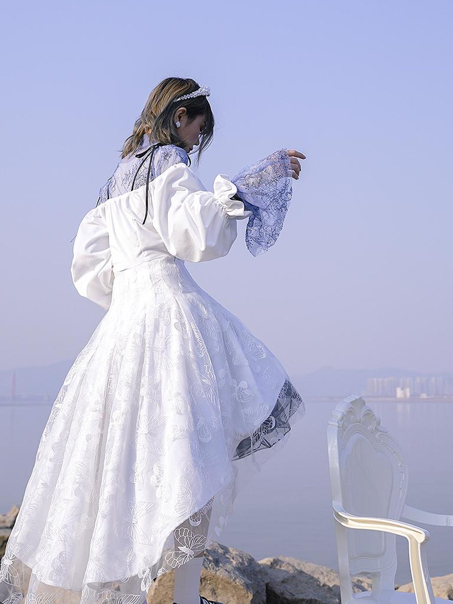 Daytoday Butterfly Lace Velvet Dress Inspired By Les Fleurs Du Mal V-Neck T-Shirt Long-Sleeve