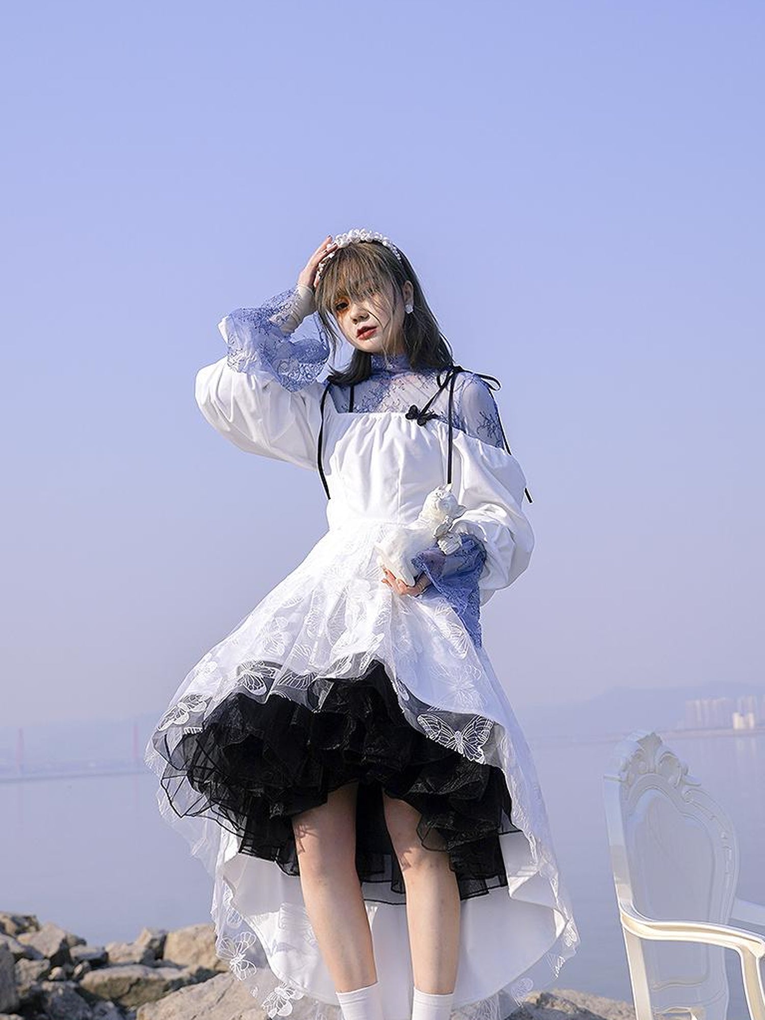 Daytoday Butterfly Lace Velvet Dress Inspired By Les Fleurs Du Mal V-Neck T-Shirt Long-Sleeve