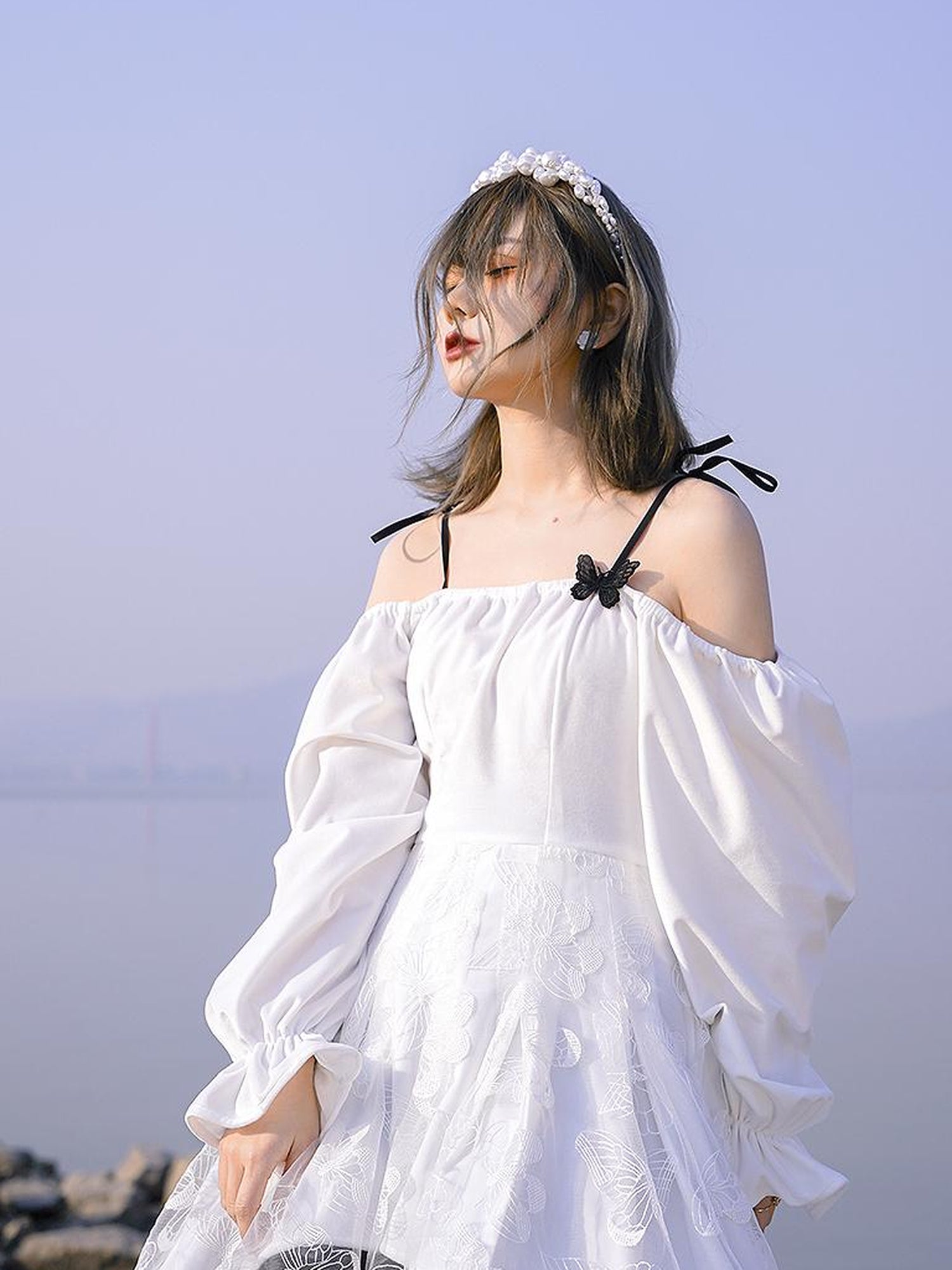 Daytoday Butterfly Lace Velvet Dress Inspired By Les Fleurs Du Mal V-Neck T-Shirt Long-Sleeve